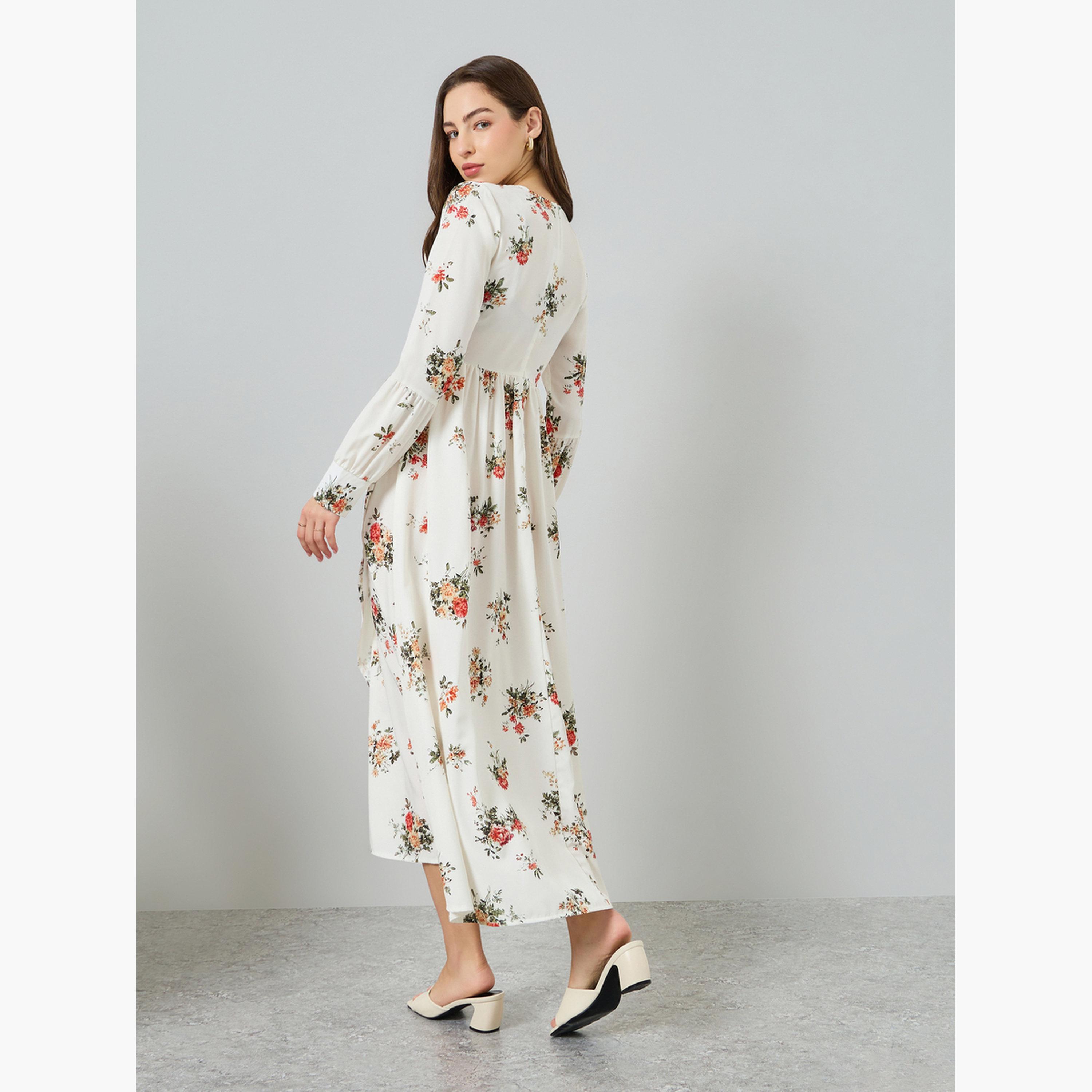 فستان ميدي بأكمام طويلة وياقة بفتحة رقبة ونقشة زهور للنساء-women-clothing-dresses-image-4