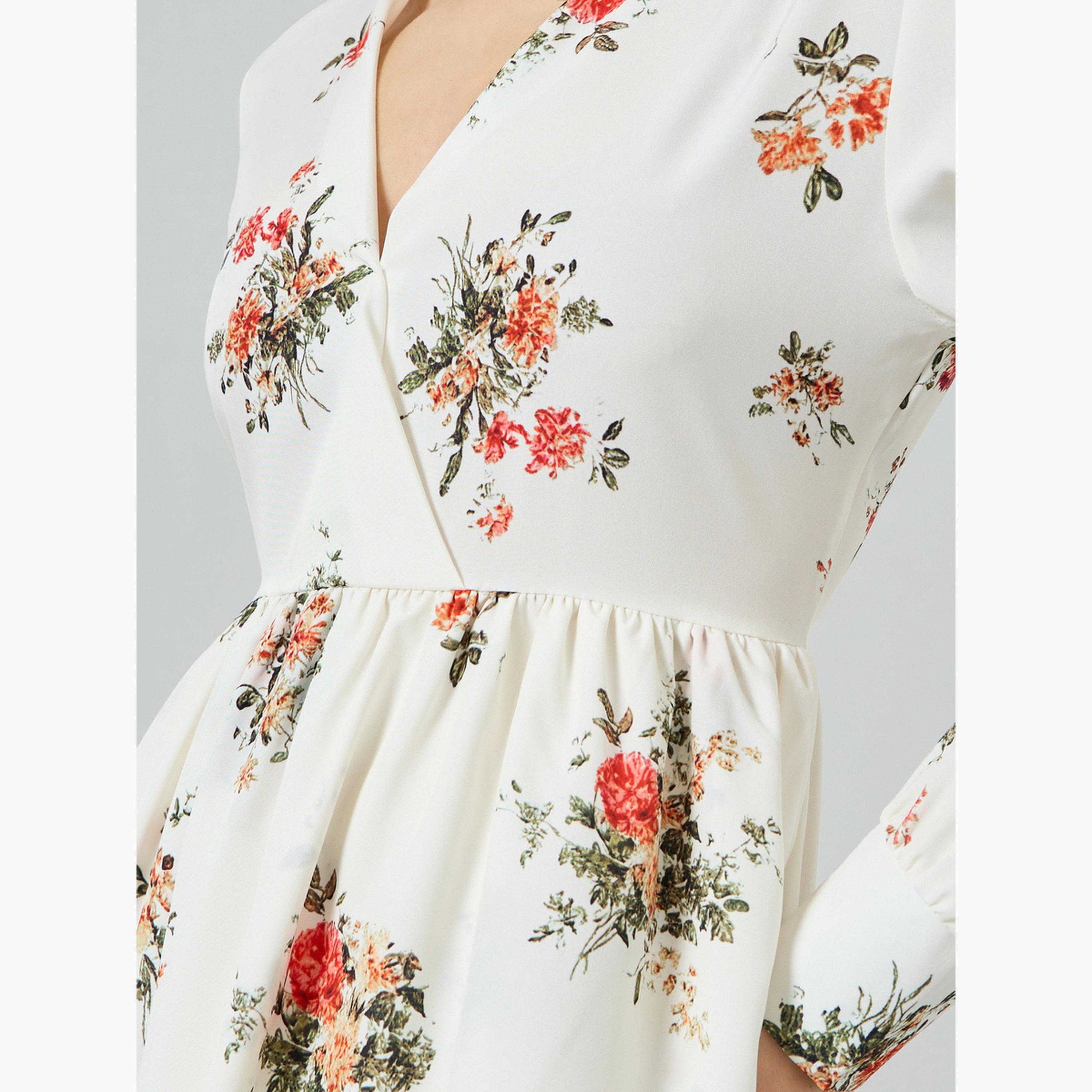 فستان ميدي بأكمام طويلة وياقة بفتحة رقبة ونقشة زهور للنساء-women-clothing-dresses-image-5