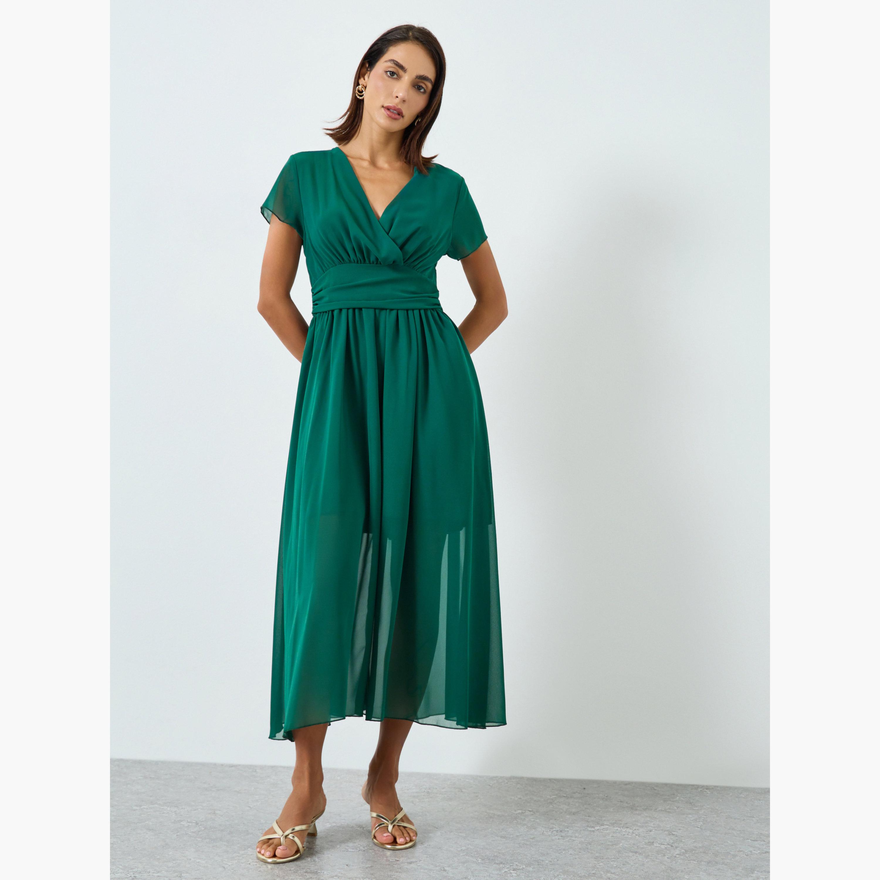 فستان طويل بخصر مُجسم وكسرات-women-clothing-dresses-image-1