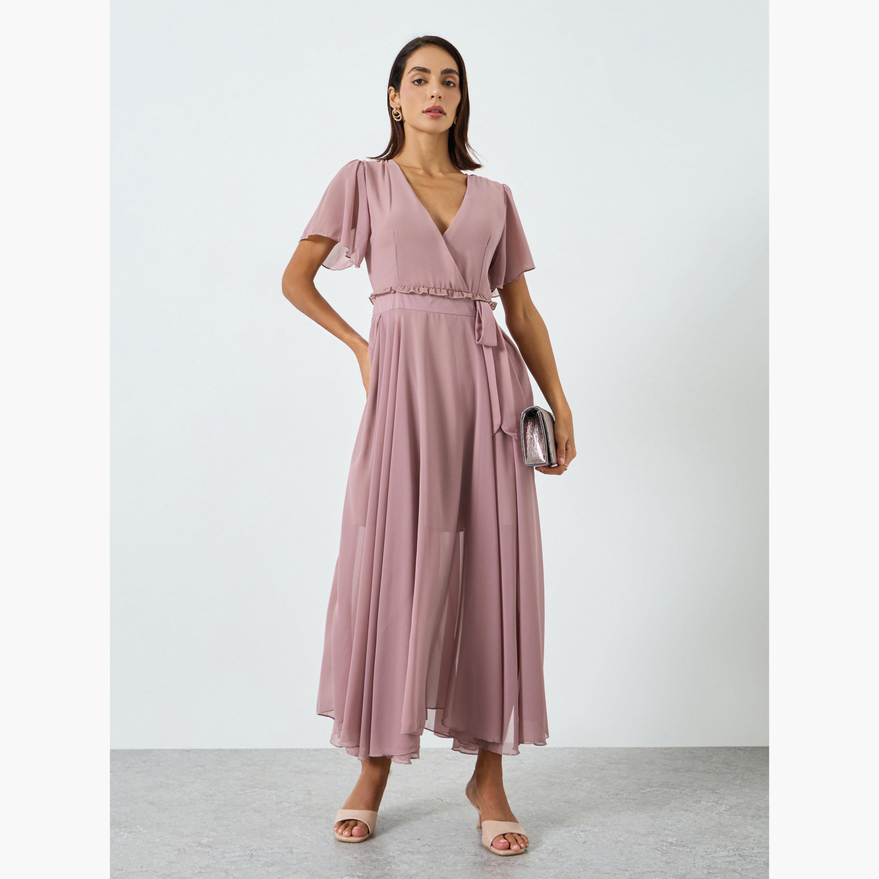 فستان طويل وردي بأكمام قصيرة وحزام-women-clothing-dresses-image-1