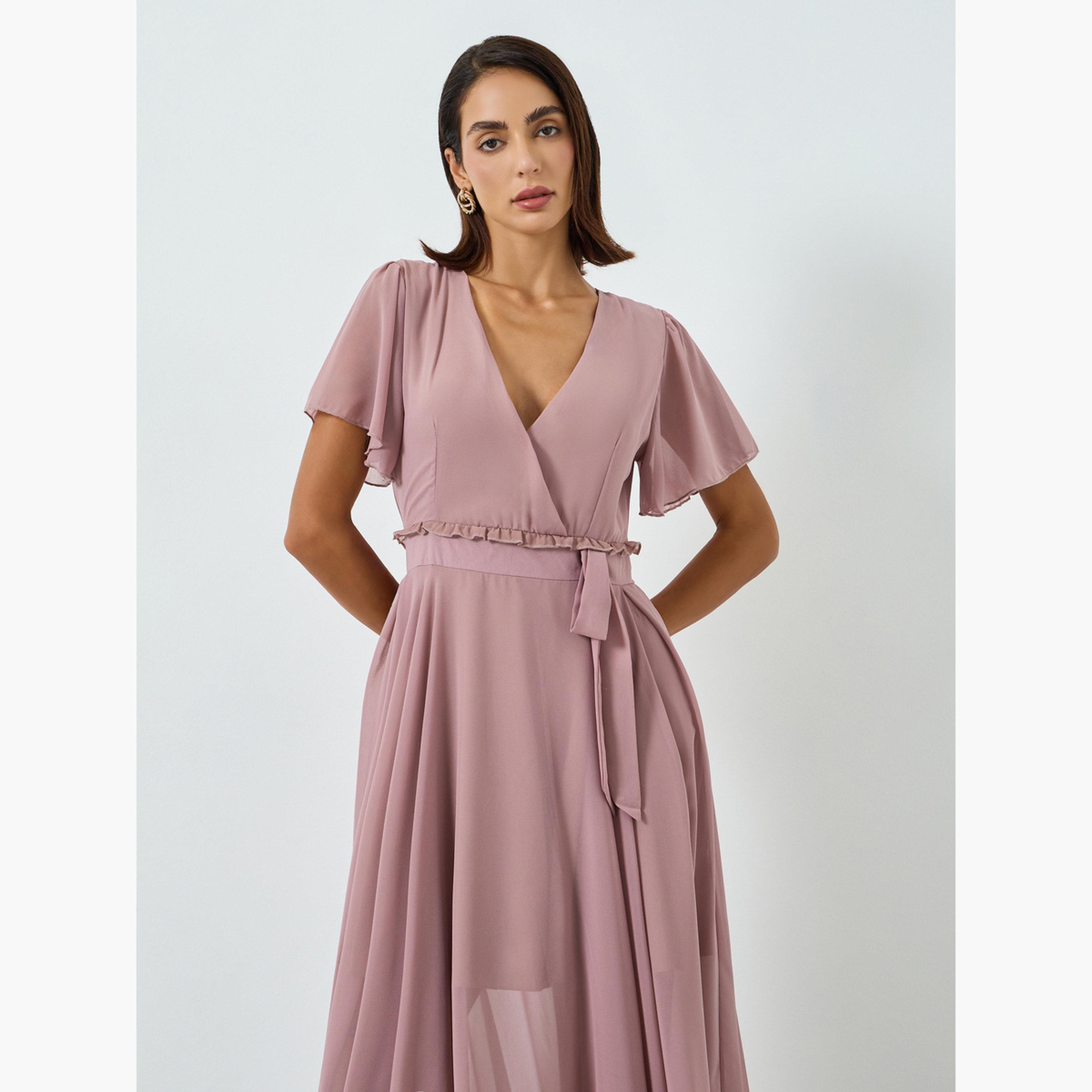 فستان طويل وردي بأكمام قصيرة وحزام-women-clothing-dresses-image-2