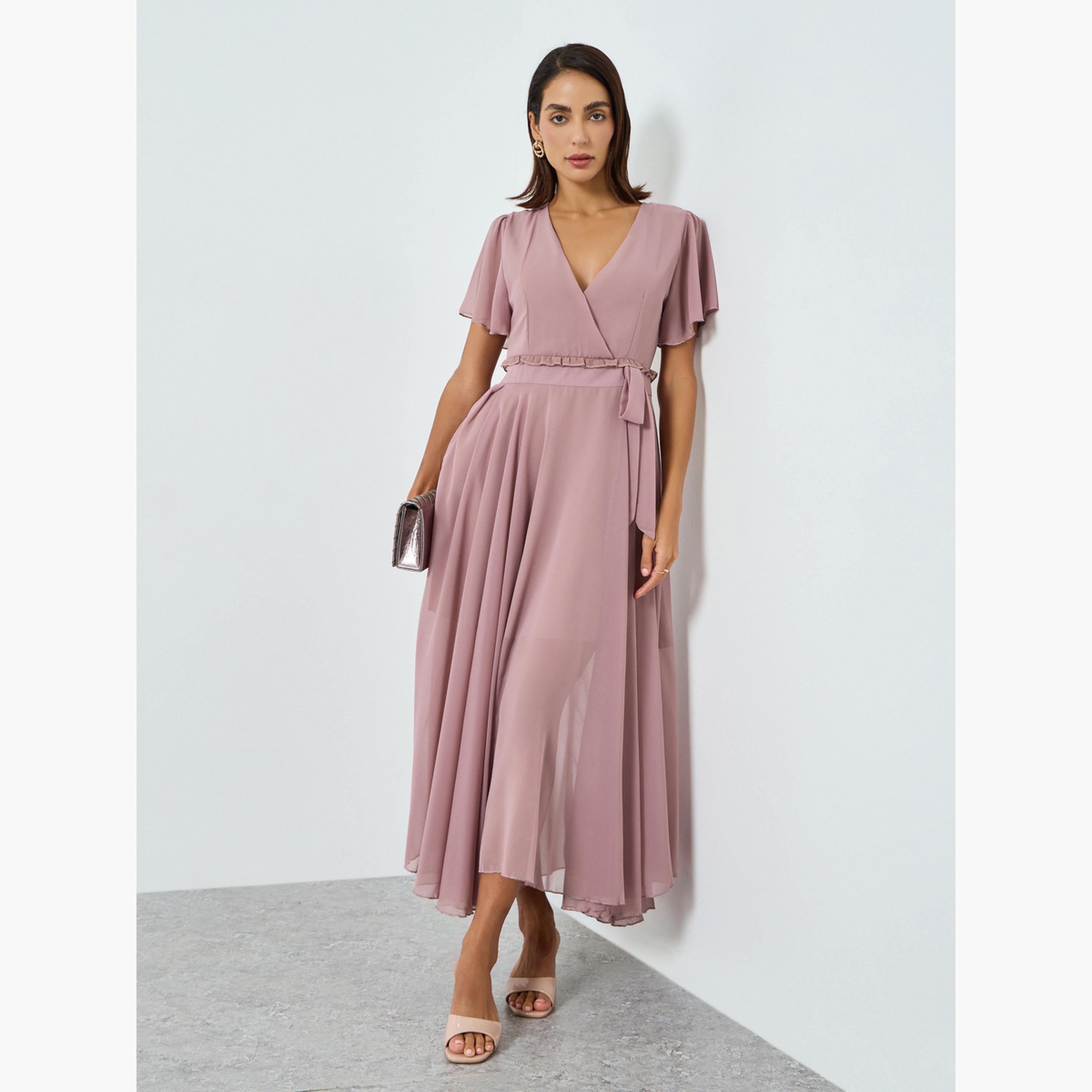 فستان طويل وردي بأكمام قصيرة وحزام-women-clothing-dresses-image-3