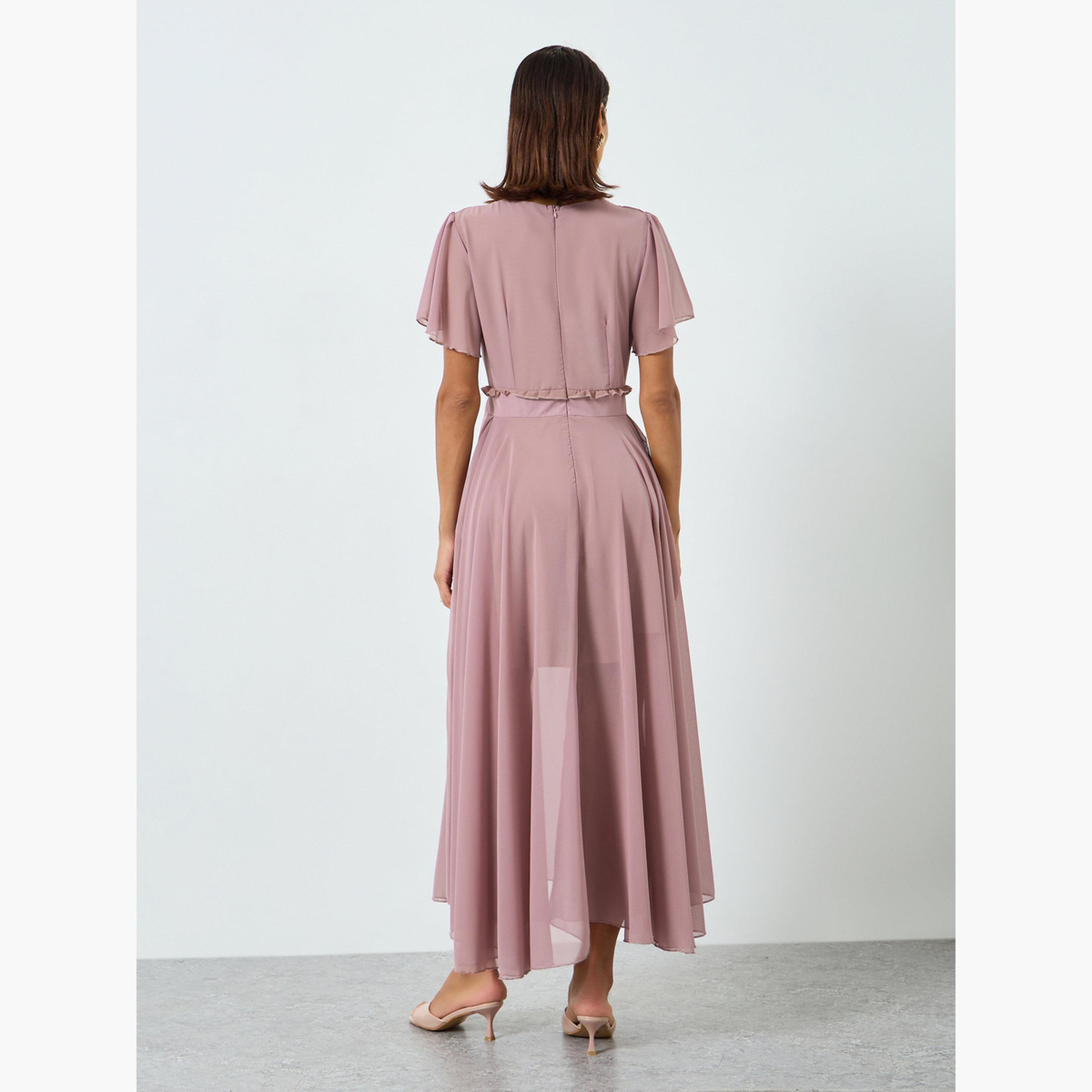 فستان طويل وردي بأكمام قصيرة وحزام-women-clothing-dresses-image-4