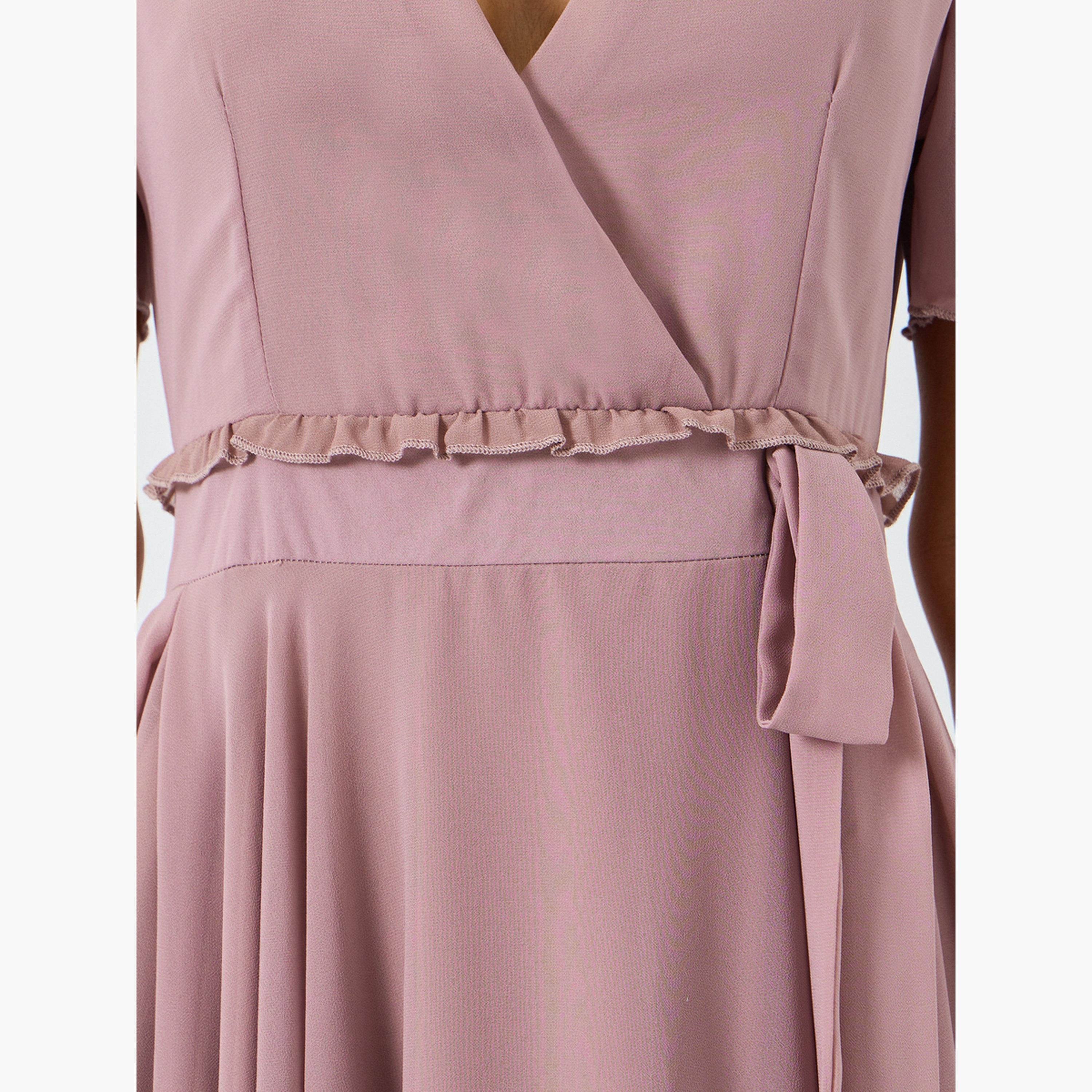 فستان طويل وردي بأكمام قصيرة وحزام-women-clothing-dresses-image-5