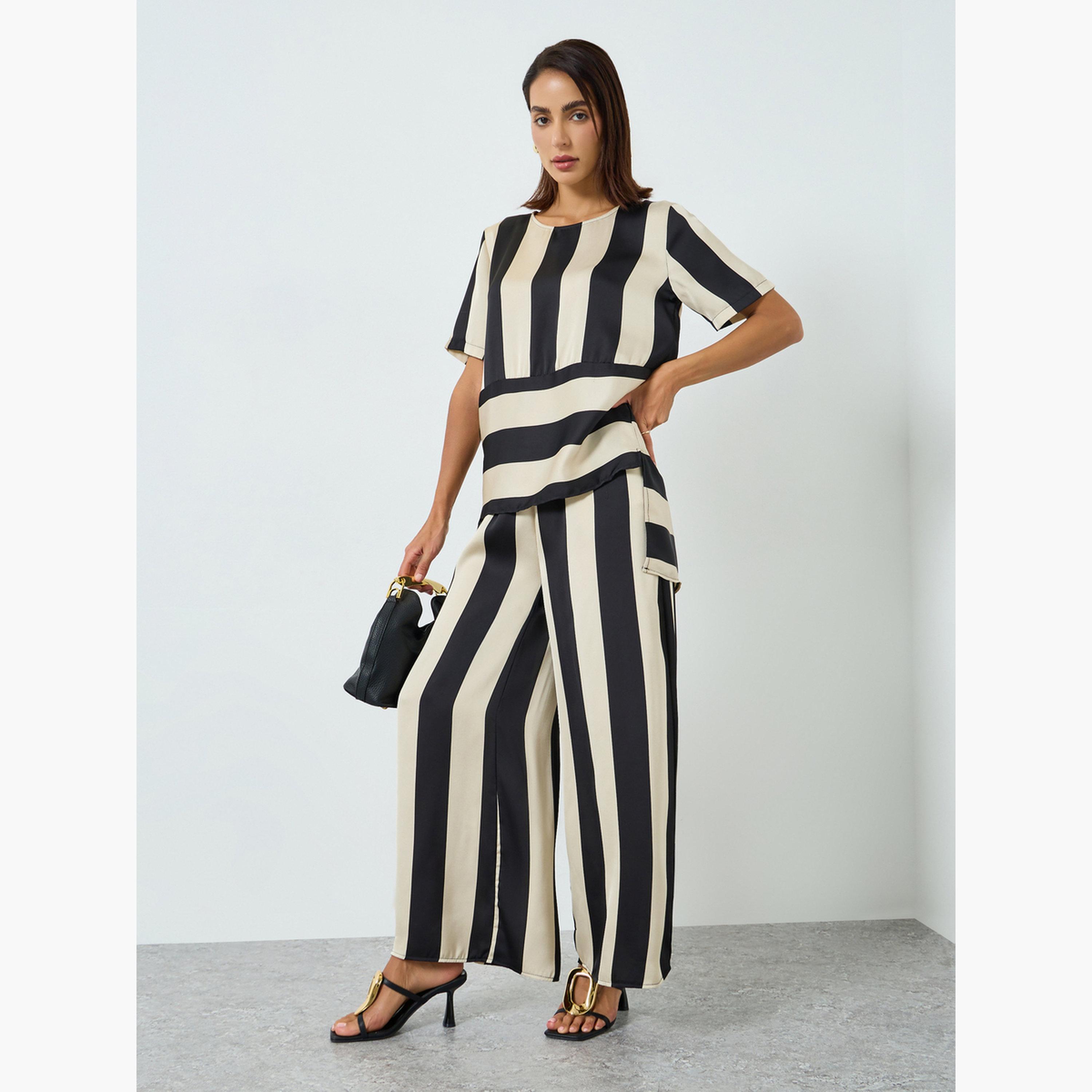 طقم بلوزة مخططة بياقة مستديرة وبنطال للنساء-women-clothing-coordsets-image-1