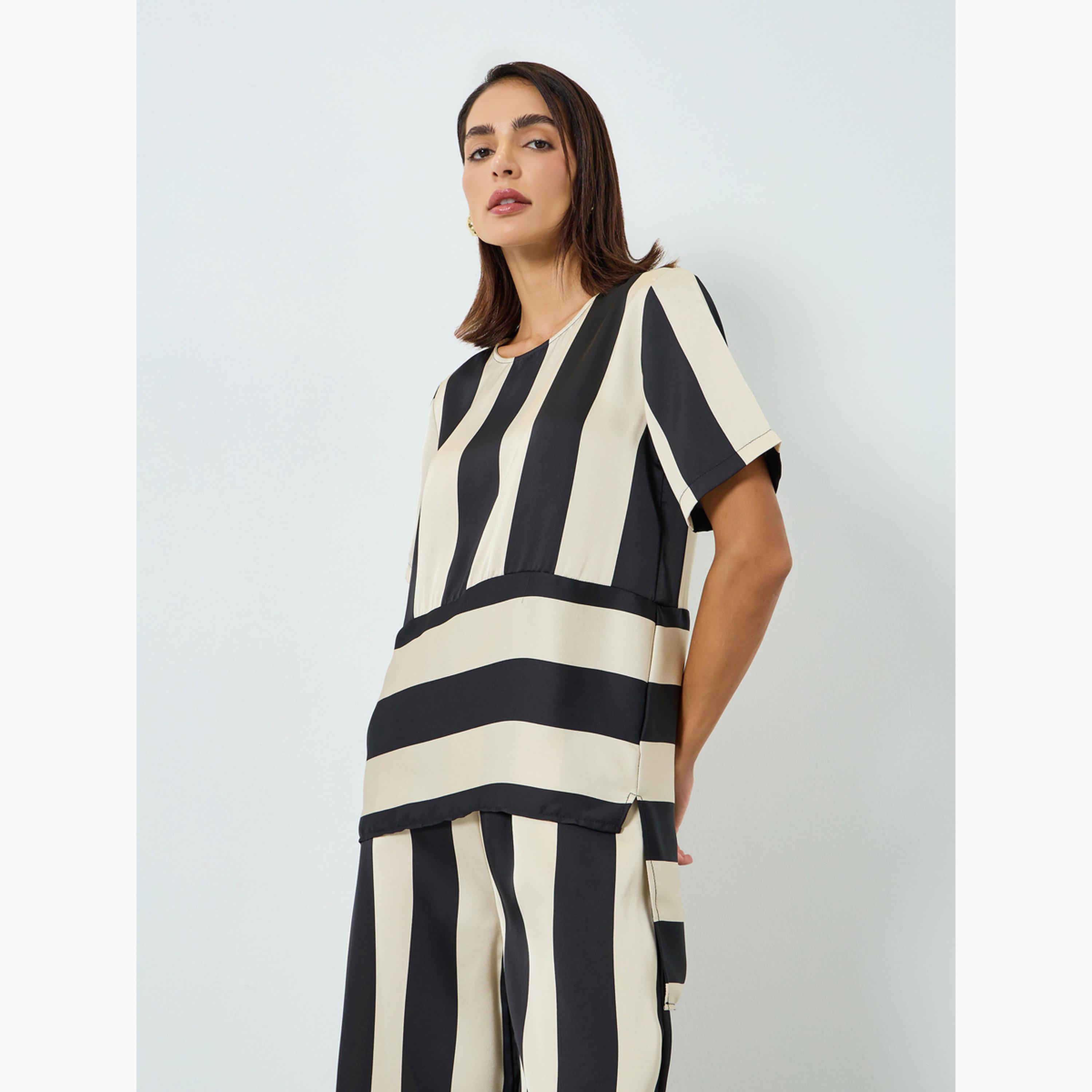 طقم بلوزة مخططة بياقة مستديرة وبنطال للنساء-women-clothing-coordsets-image-2