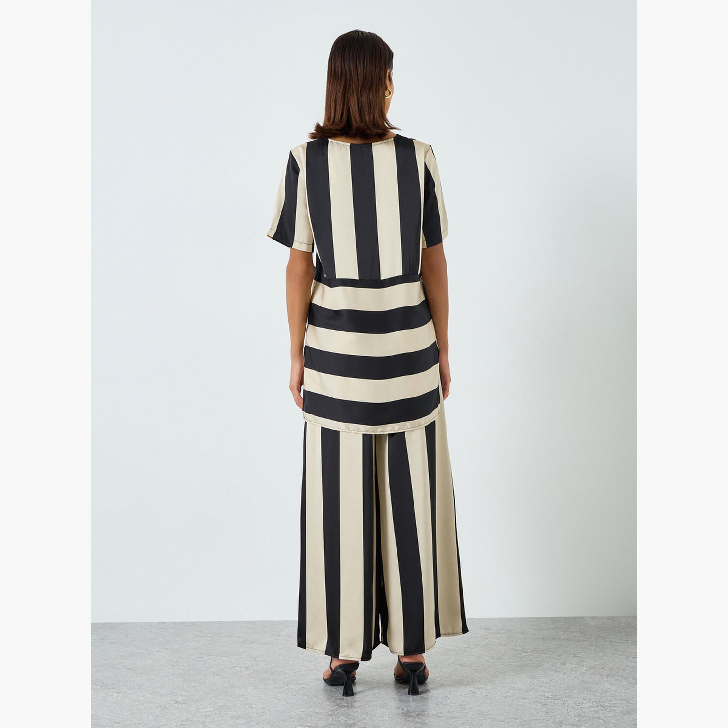طقم بلوزة مخططة بياقة مستديرة وبنطال للنساء-women-clothing-coordsets-image-3