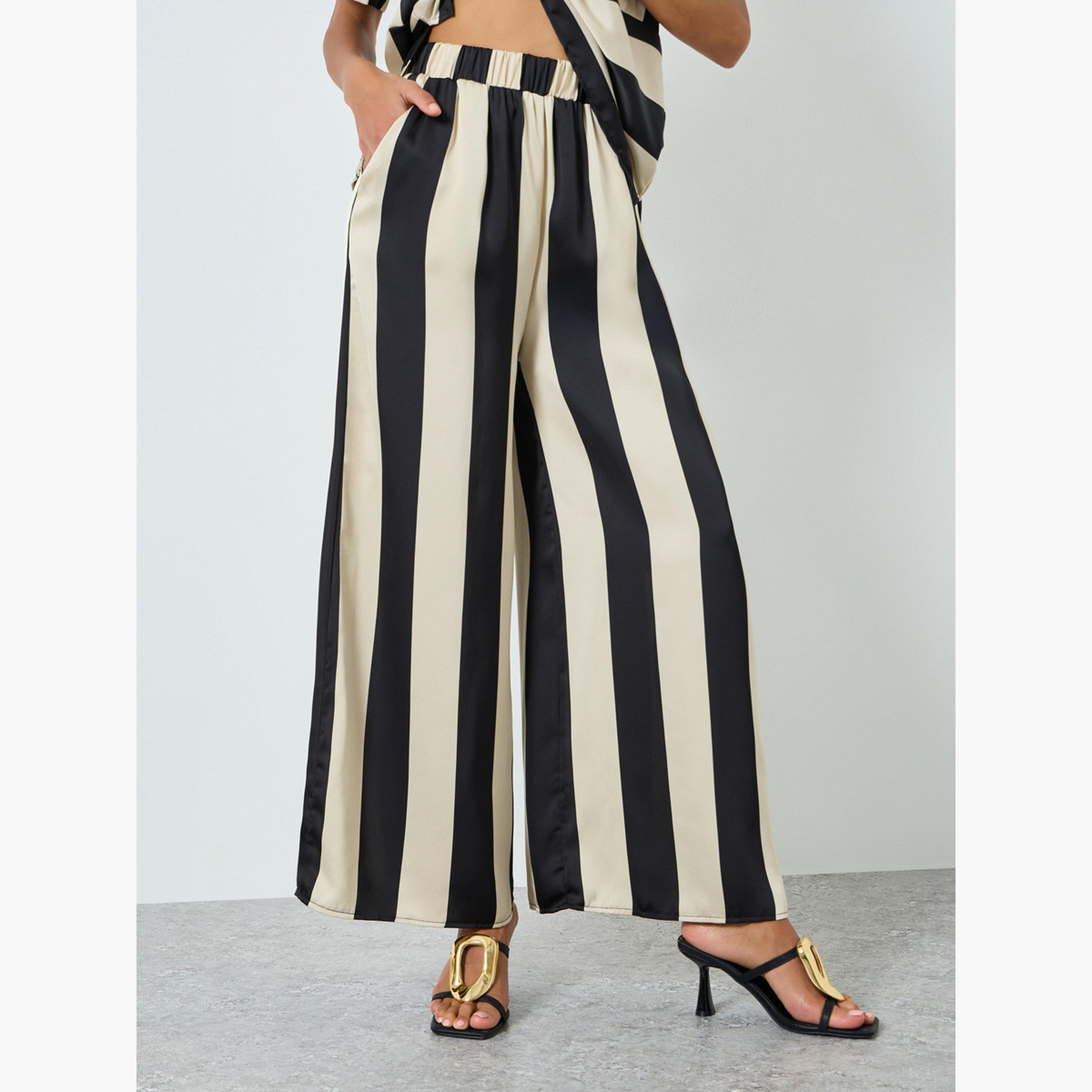 طقم بلوزة مخططة بياقة مستديرة وبنطال للنساء-women-clothing-coordsets-image-4
