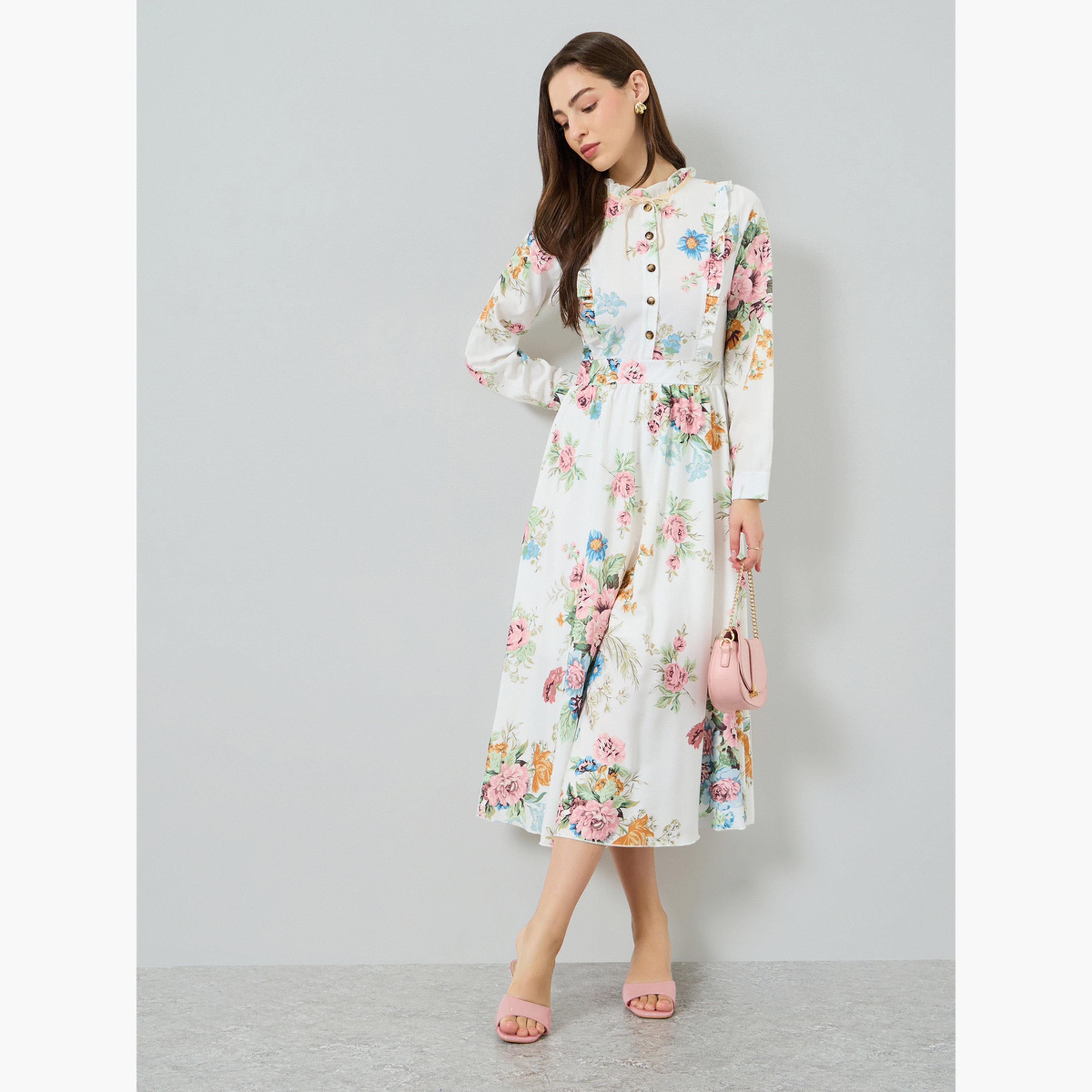 فستان ميدي بتفاصيل كشكش في الأمام ونقشة زهور للنساء-women-clothing-dresses-image-1