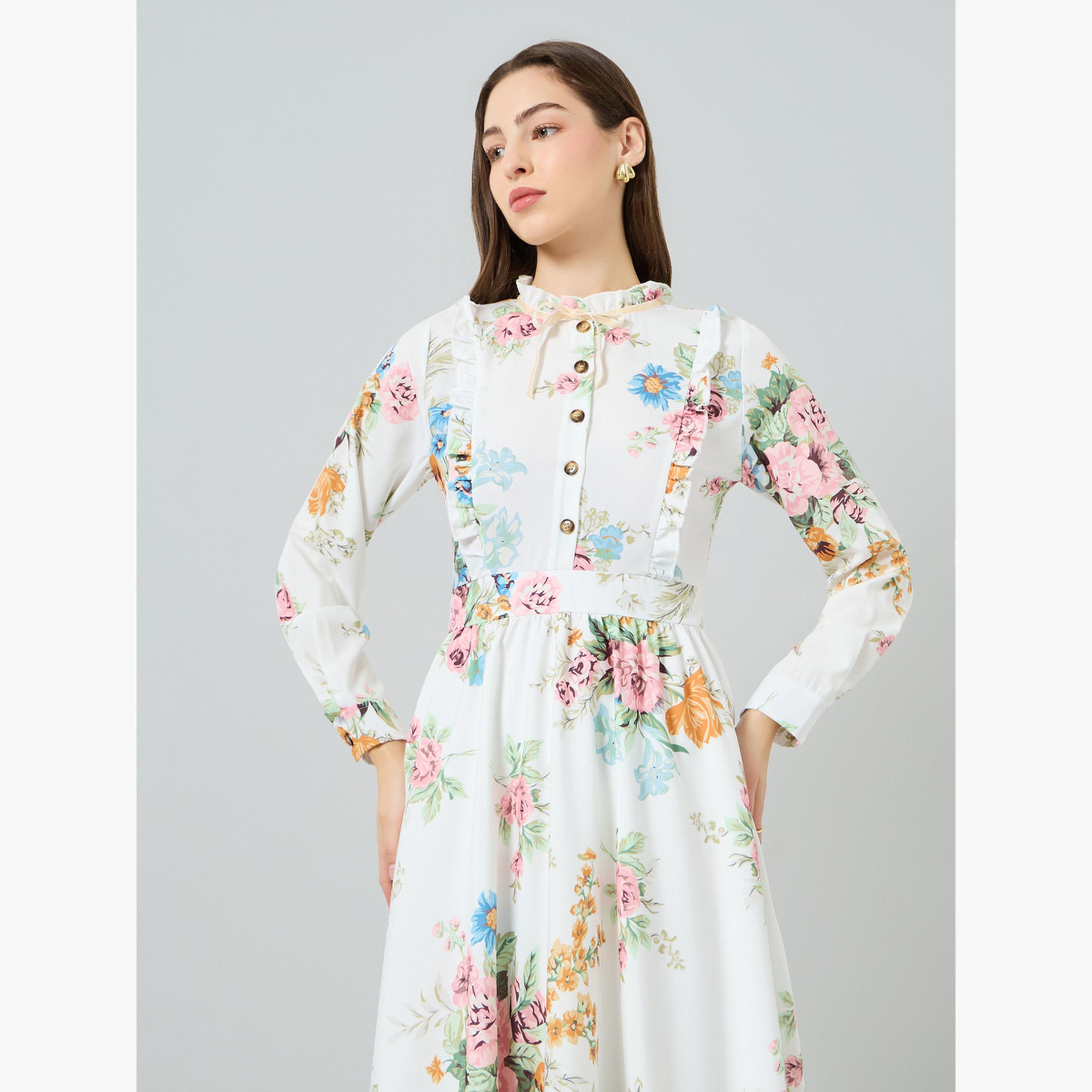 فستان ميدي بتفاصيل كشكش في الأمام ونقشة زهور للنساء-women-clothing-dresses-image-2