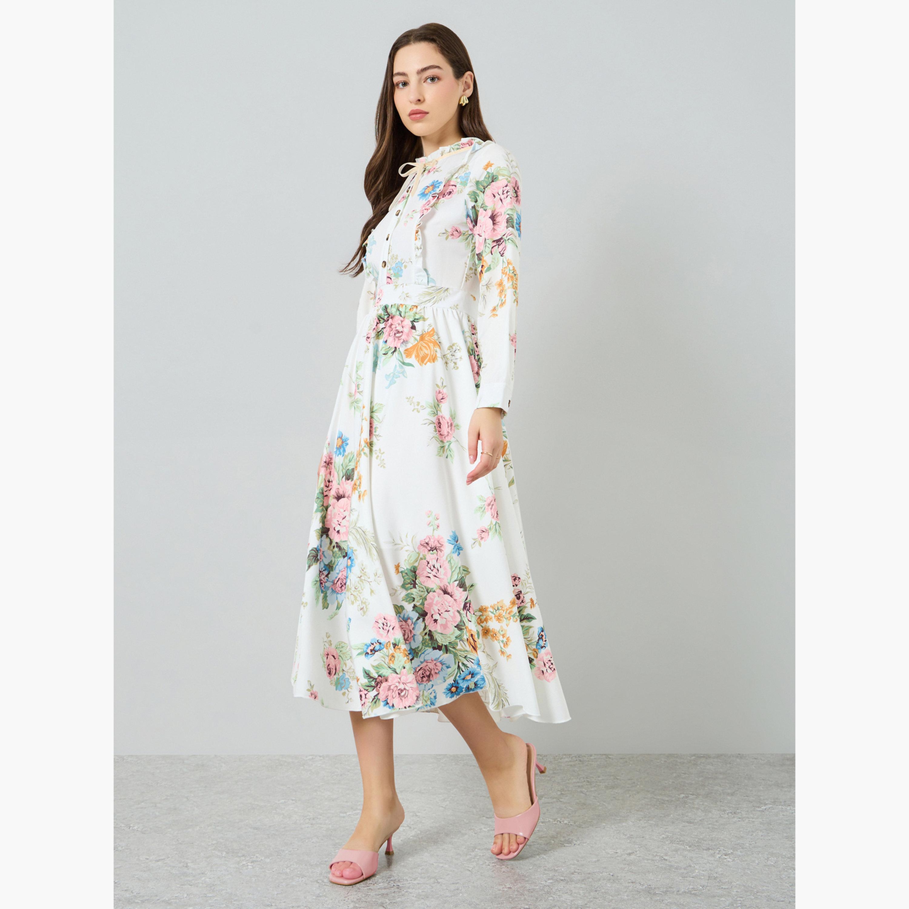 فستان ميدي بتفاصيل كشكش في الأمام ونقشة زهور للنساء-women-clothing-dresses-image-3