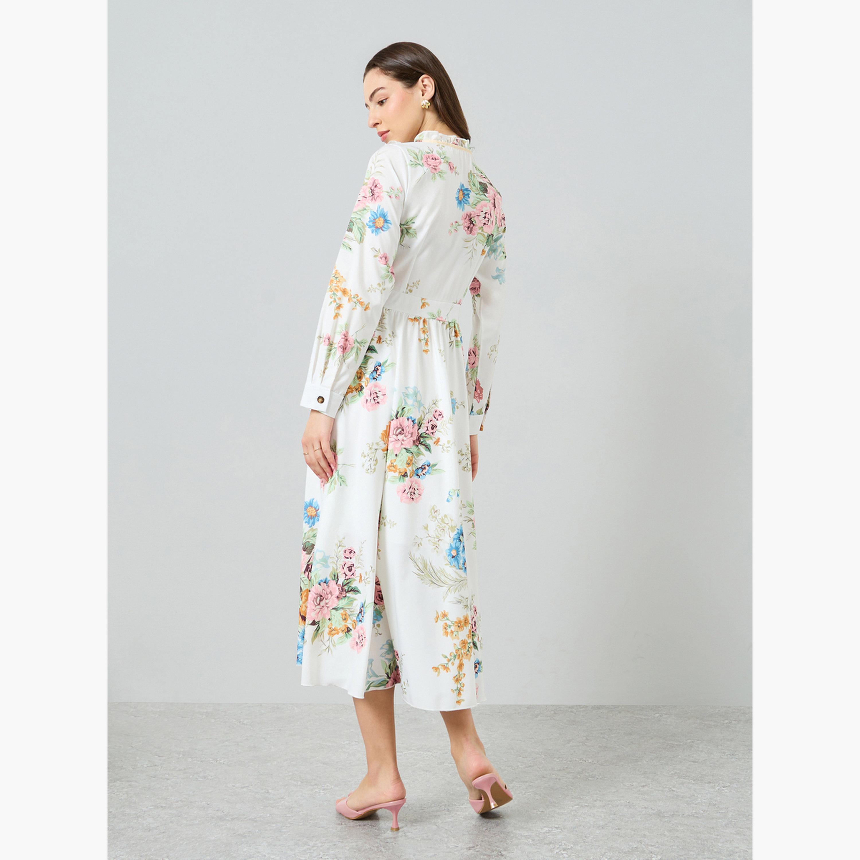 فستان ميدي بتفاصيل كشكش في الأمام ونقشة زهور للنساء-women-clothing-dresses-image-4