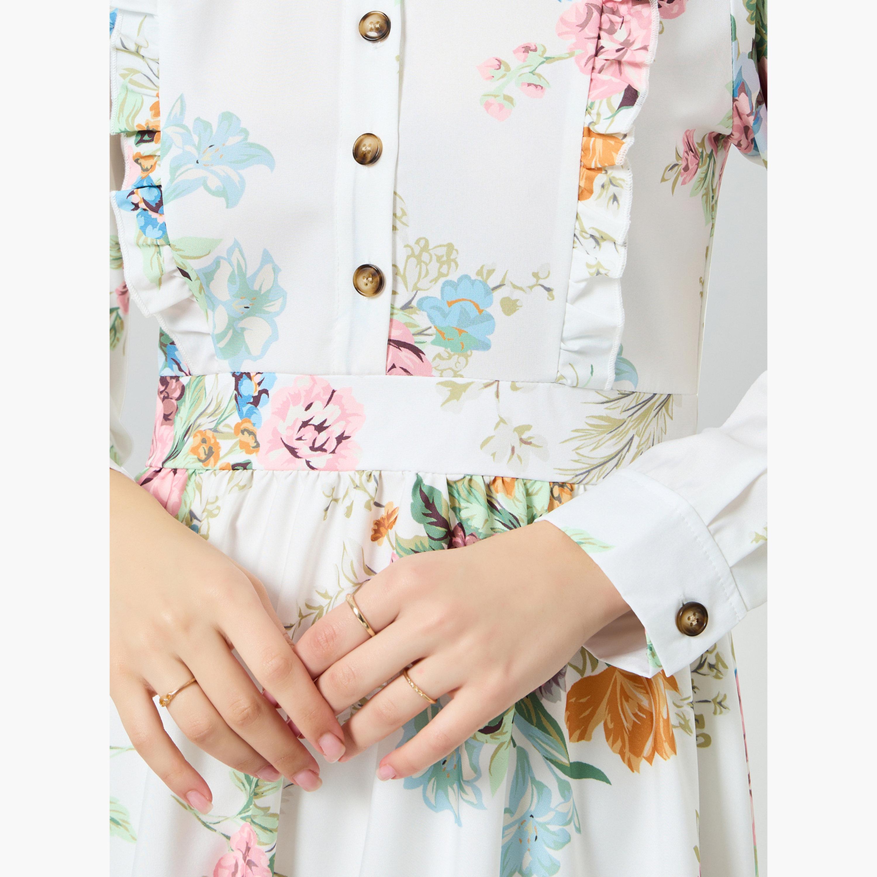 فستان ميدي بتفاصيل كشكش في الأمام ونقشة زهور للنساء-women-clothing-dresses-image-5