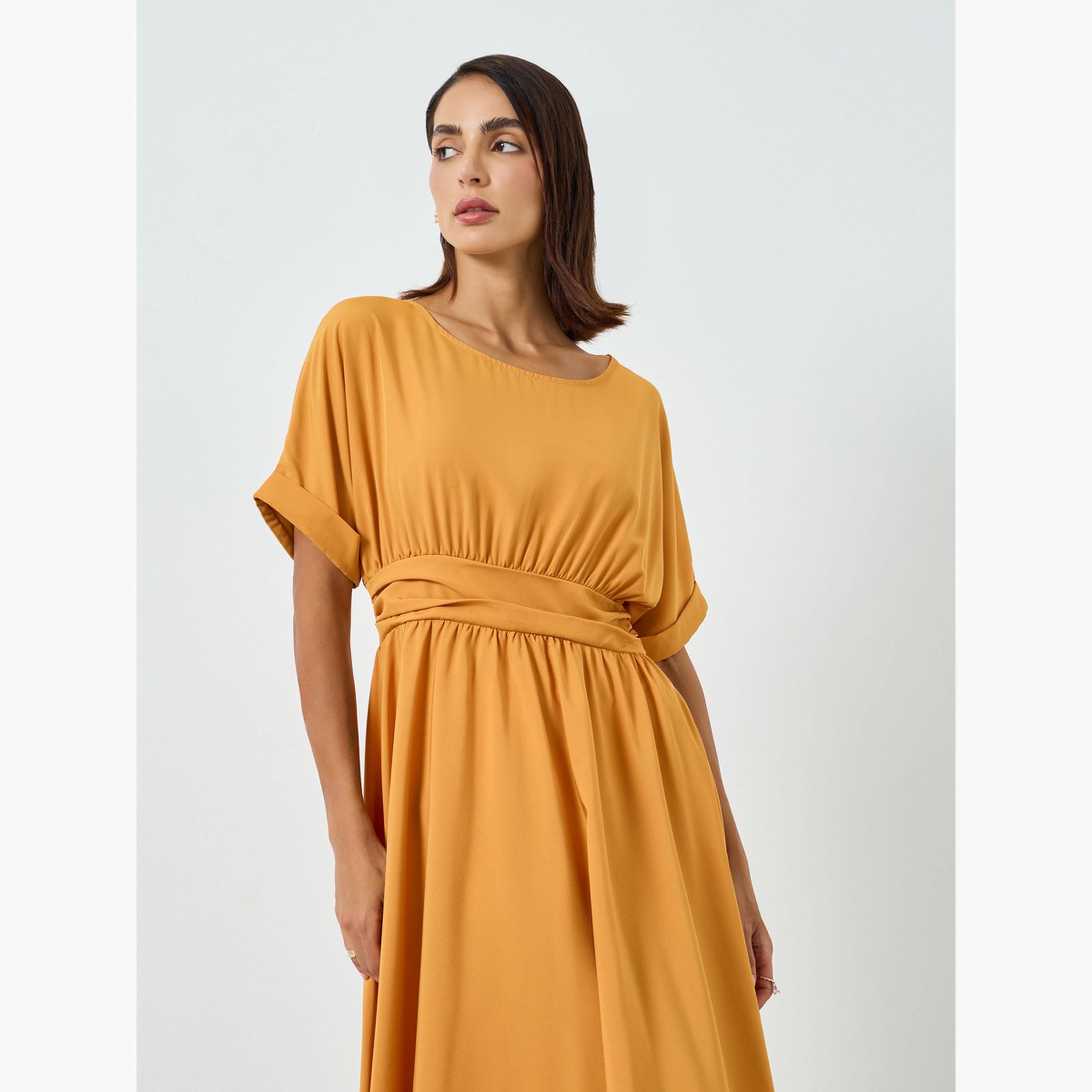 فستان طويل أصفر بياقة مستديرة وخصر محدد-women-clothing-dresses-image-3