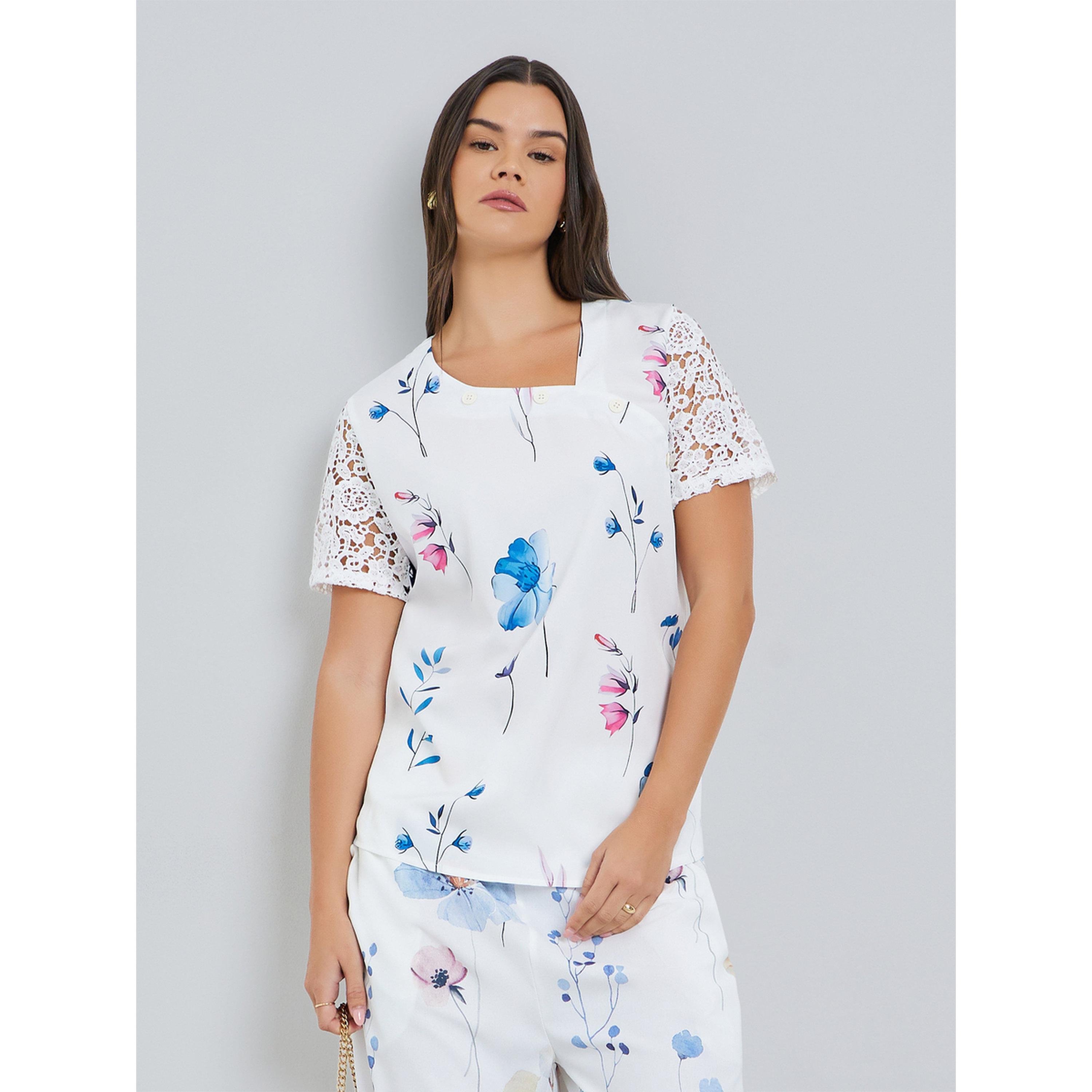 Take Two Women's Floral Printed Irregular Neck with Button Short Sleeve with Lace Detail Top-women-clothing-shirtsandblouses-blouses-image-1