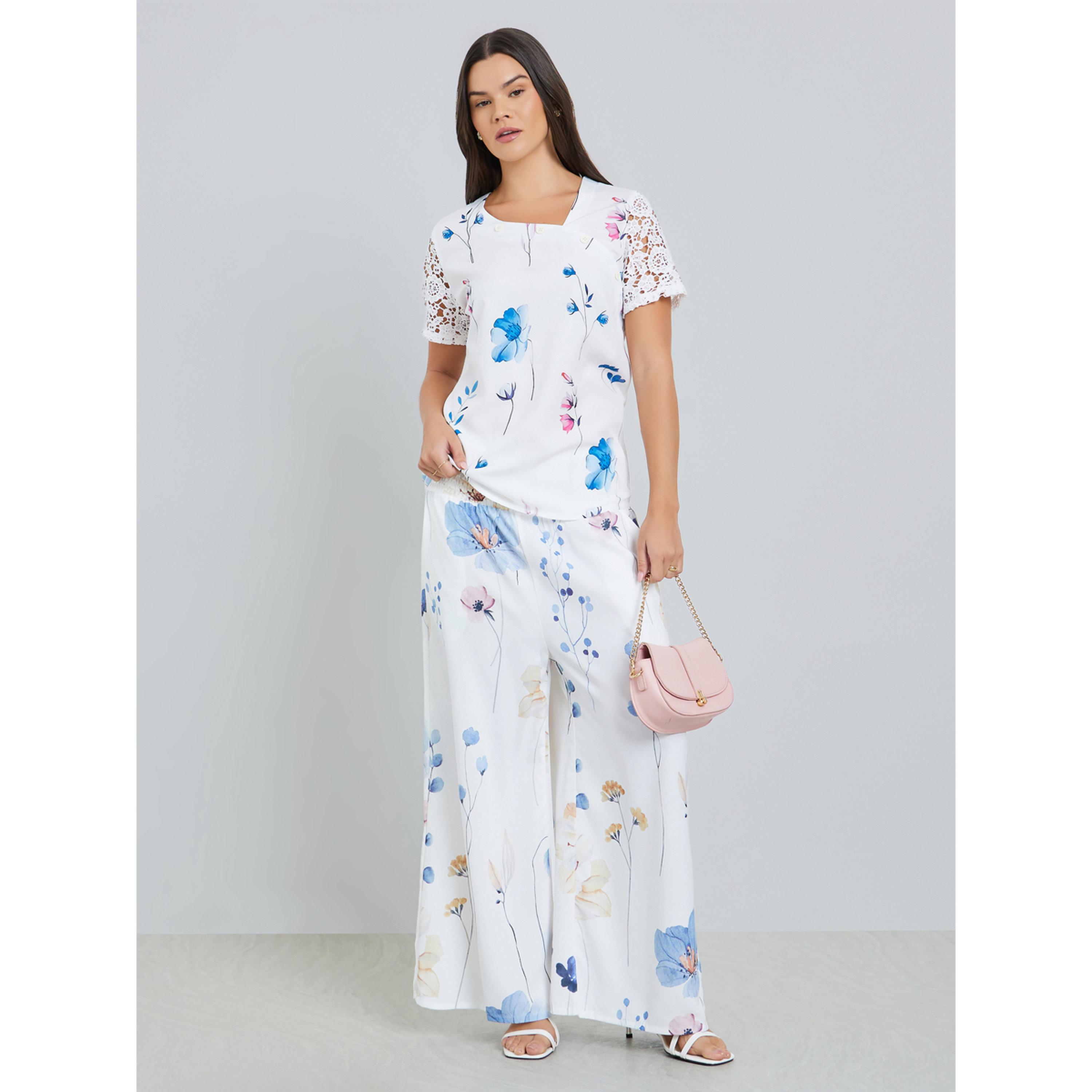 Take Two Women's Floral Printed Irregular Neck with Button Short Sleeve with Lace Detail Top-women-clothing-shirtsandblouses-blouses-image-2