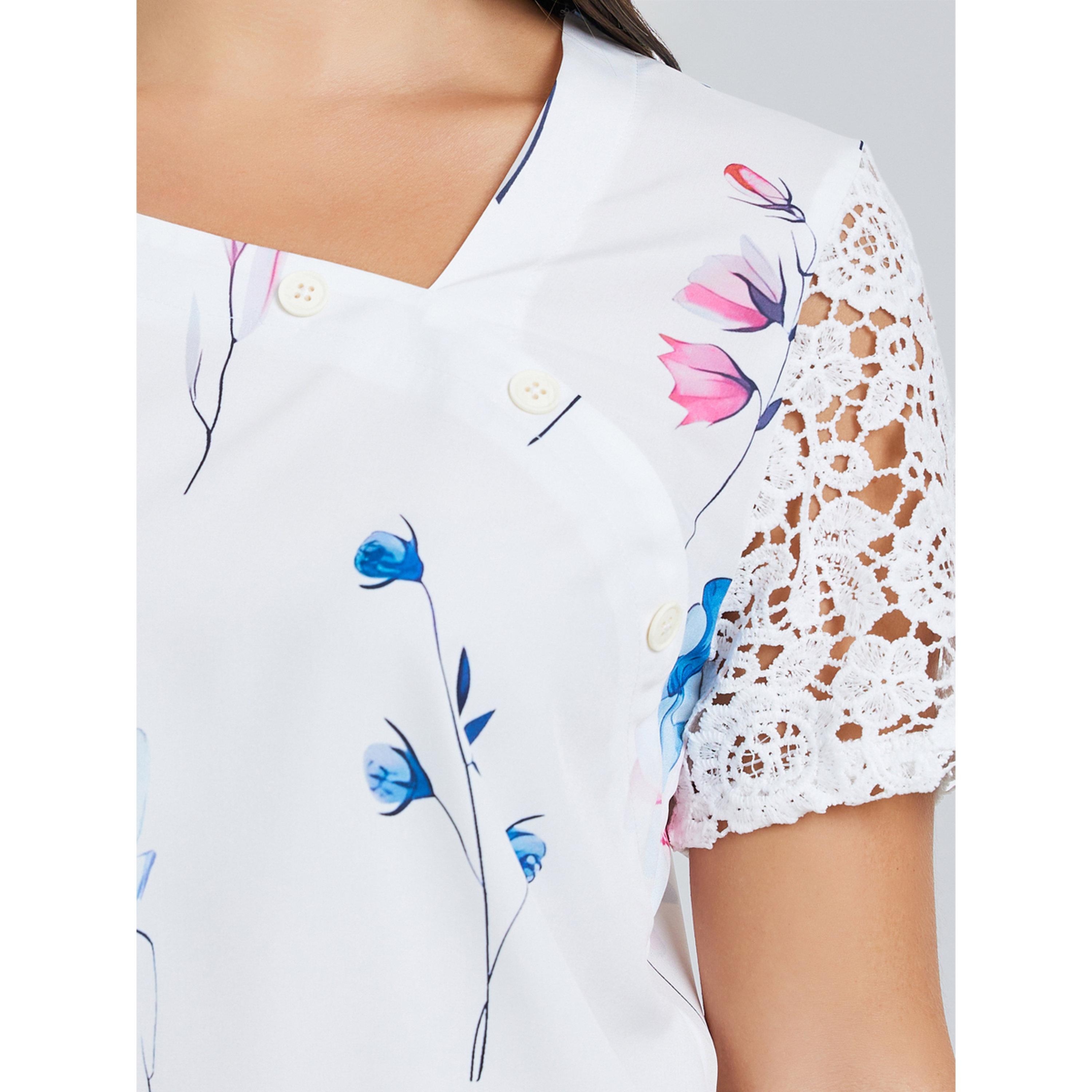 Take Two Women's Floral Printed Irregular Neck with Button Short Sleeve with Lace Detail Top-women-clothing-shirtsandblouses-blouses-image-3