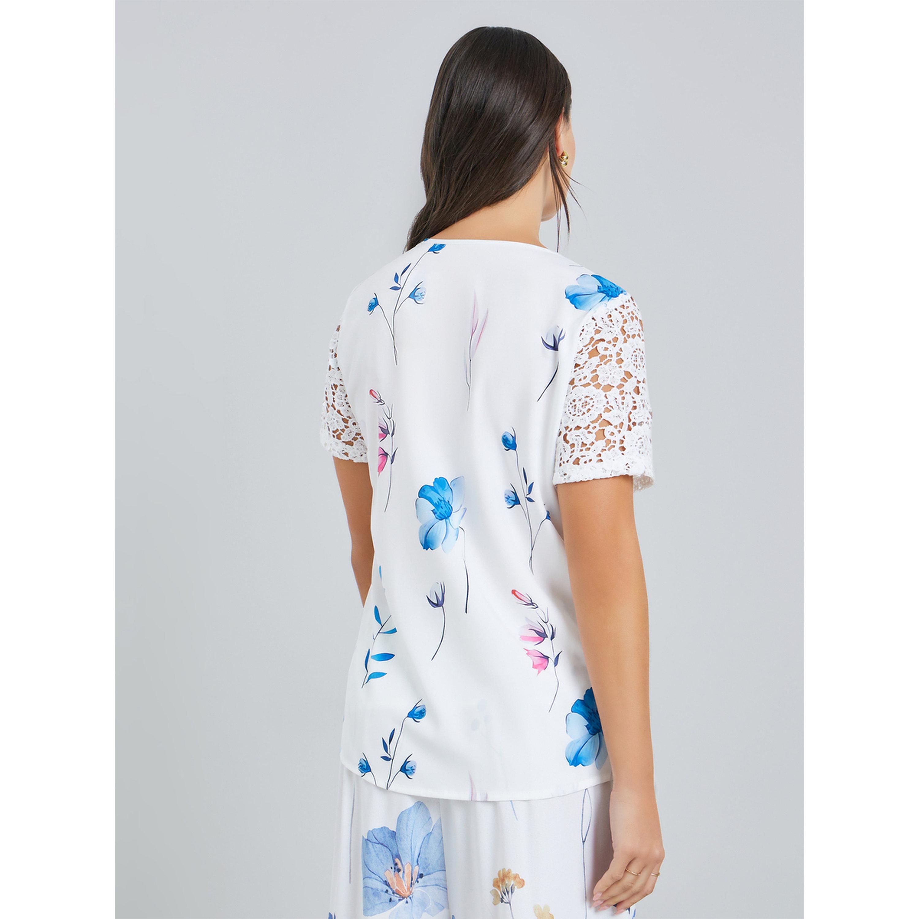 Take Two Women's Floral Printed Irregular Neck with Button Short Sleeve with Lace Detail Top-women-clothing-shirtsandblouses-blouses-image-4