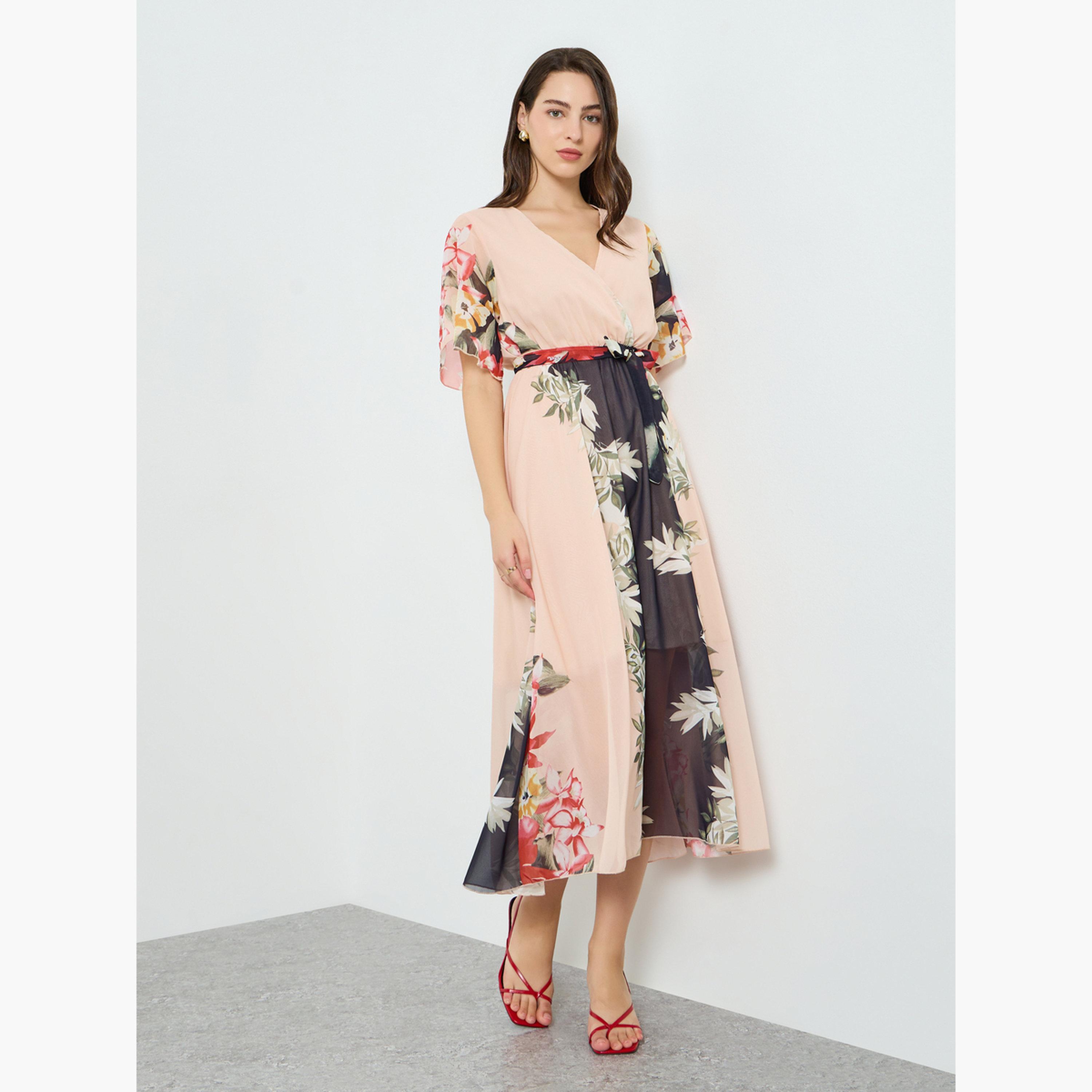 فستان طويل بخصر محدد ونقشة زهور للنساء-women-clothing-dresses-image-1