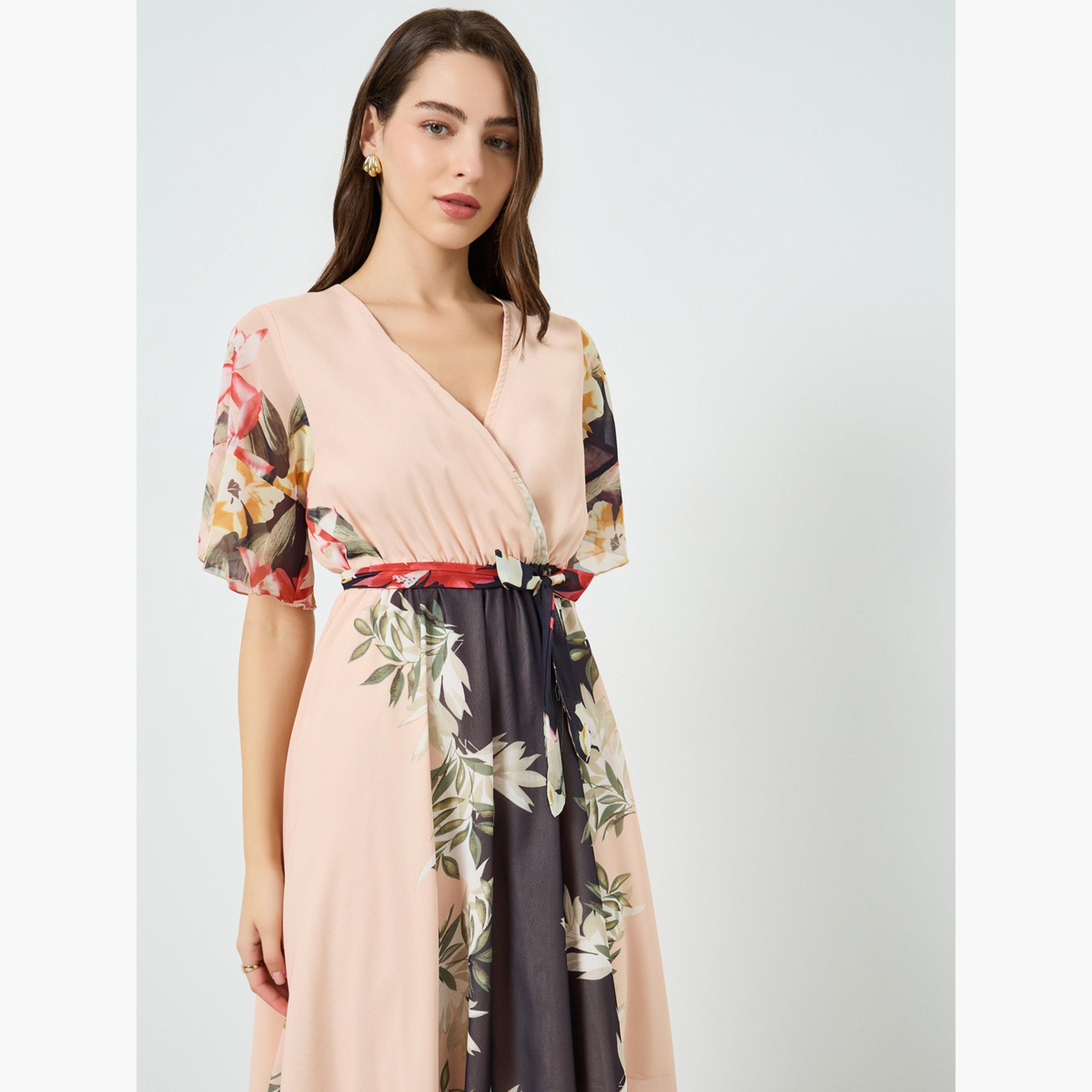 فستان طويل بخصر محدد ونقشة زهور للنساء-women-clothing-dresses-image-2