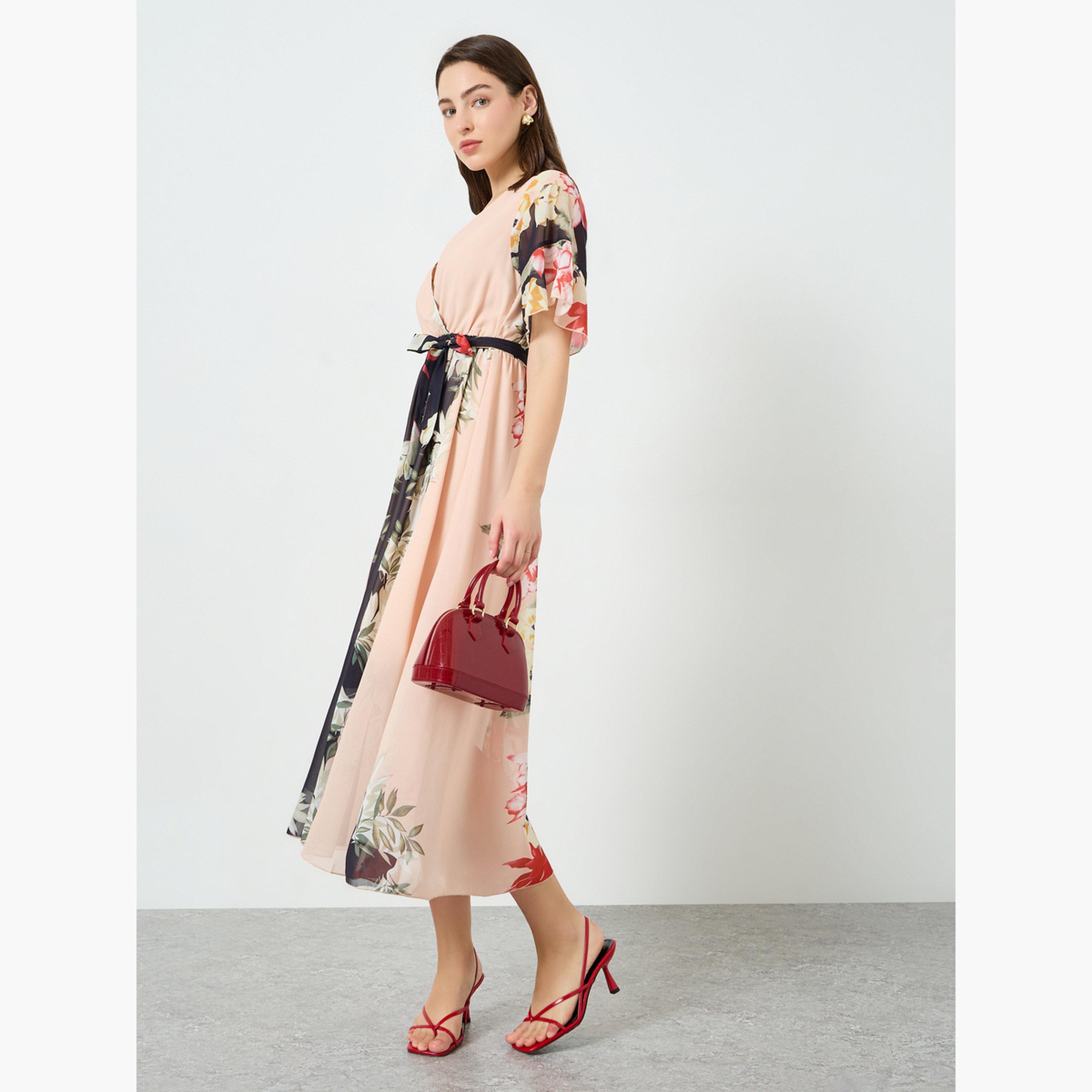 فستان طويل بخصر محدد ونقشة زهور للنساء-women-clothing-dresses-image-3