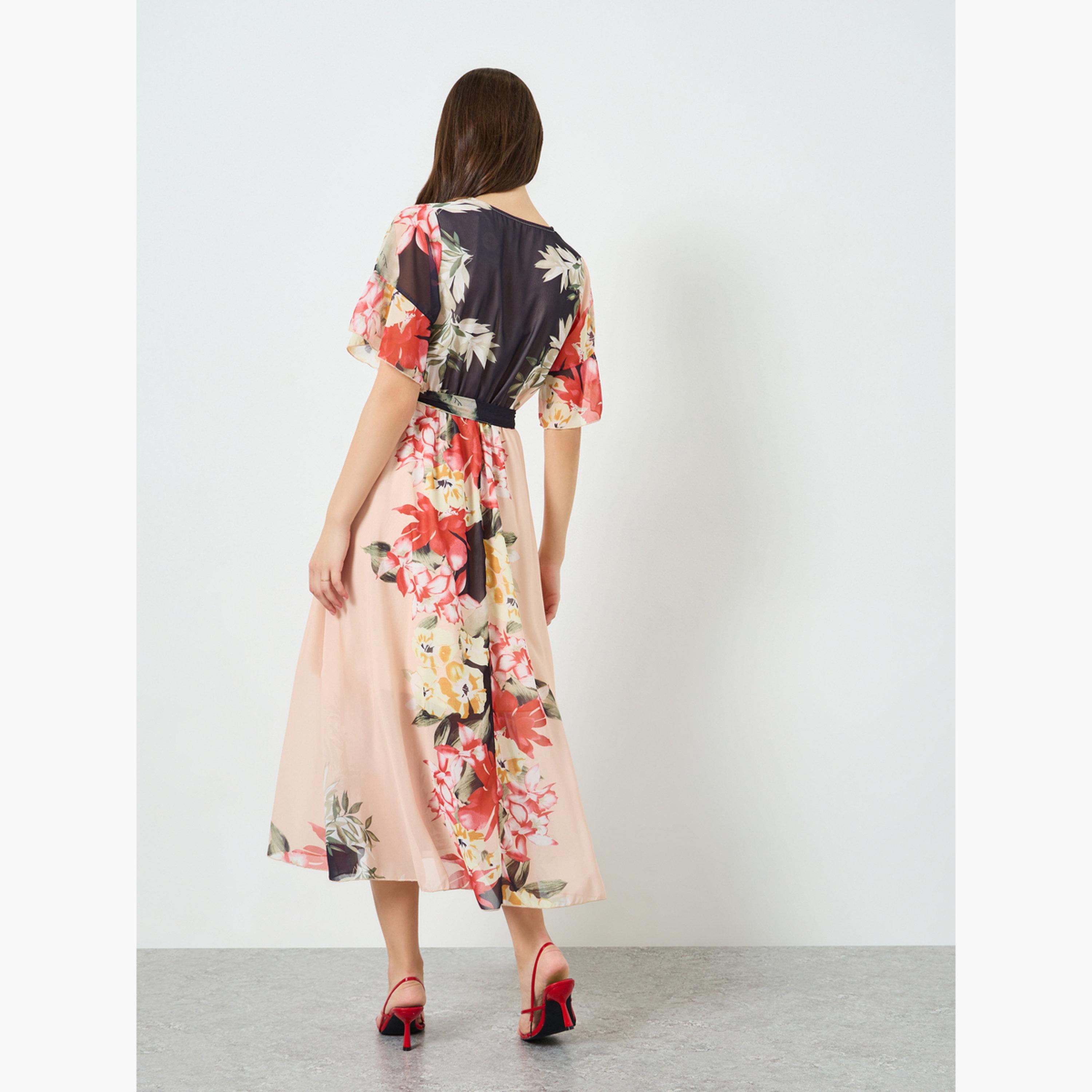 فستان طويل بخصر محدد ونقشة زهور للنساء-women-clothing-dresses-image-4