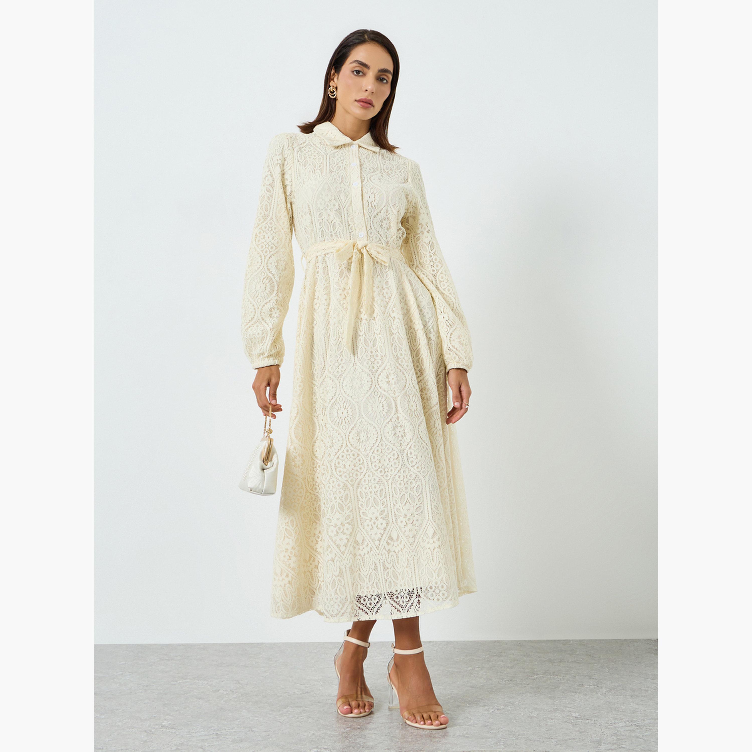 فستان طويل دانتيل بياقة بولو بيج-women-clothing-dresses-image-1
