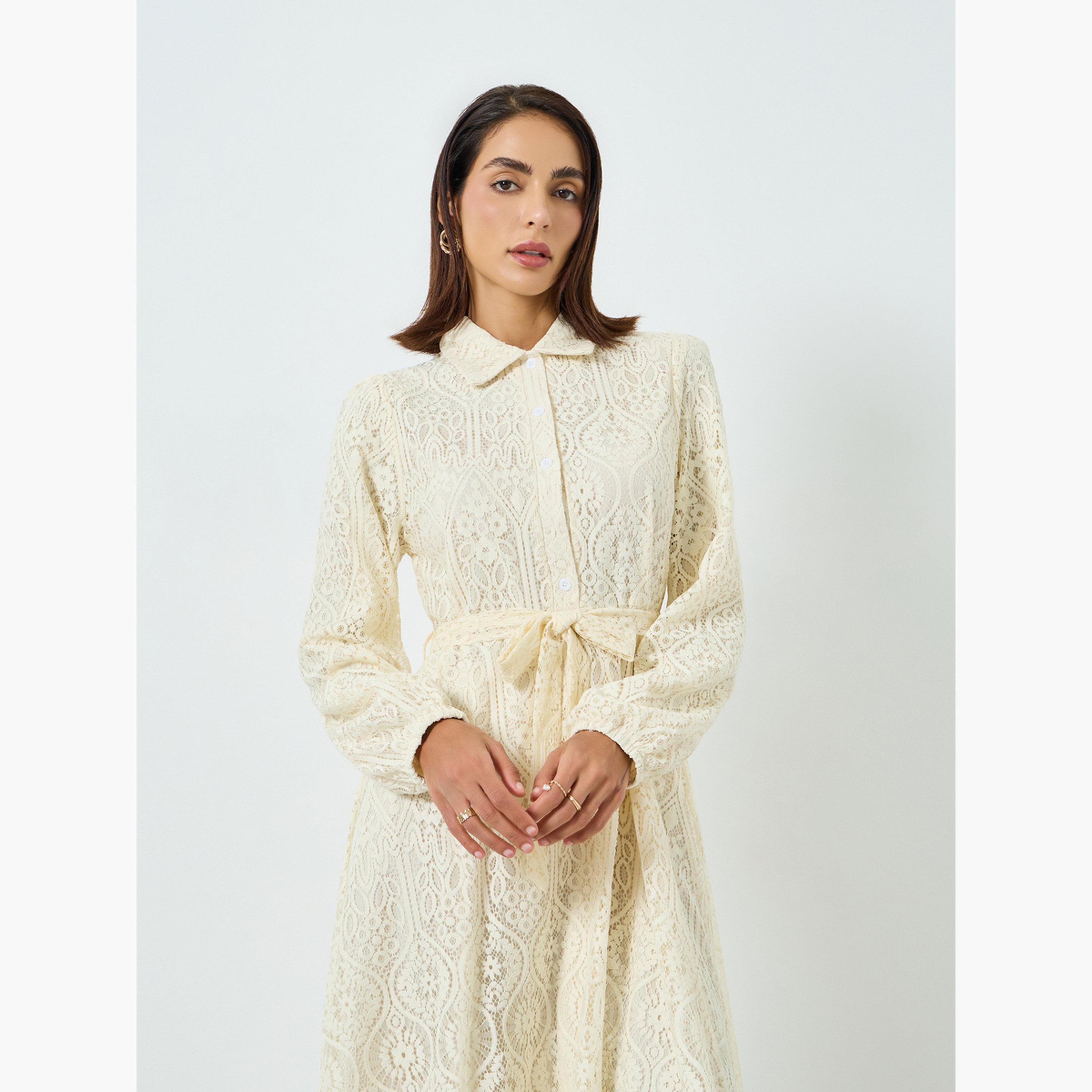 فستان طويل دانتيل بياقة بولو بيج-women-clothing-dresses-image-2