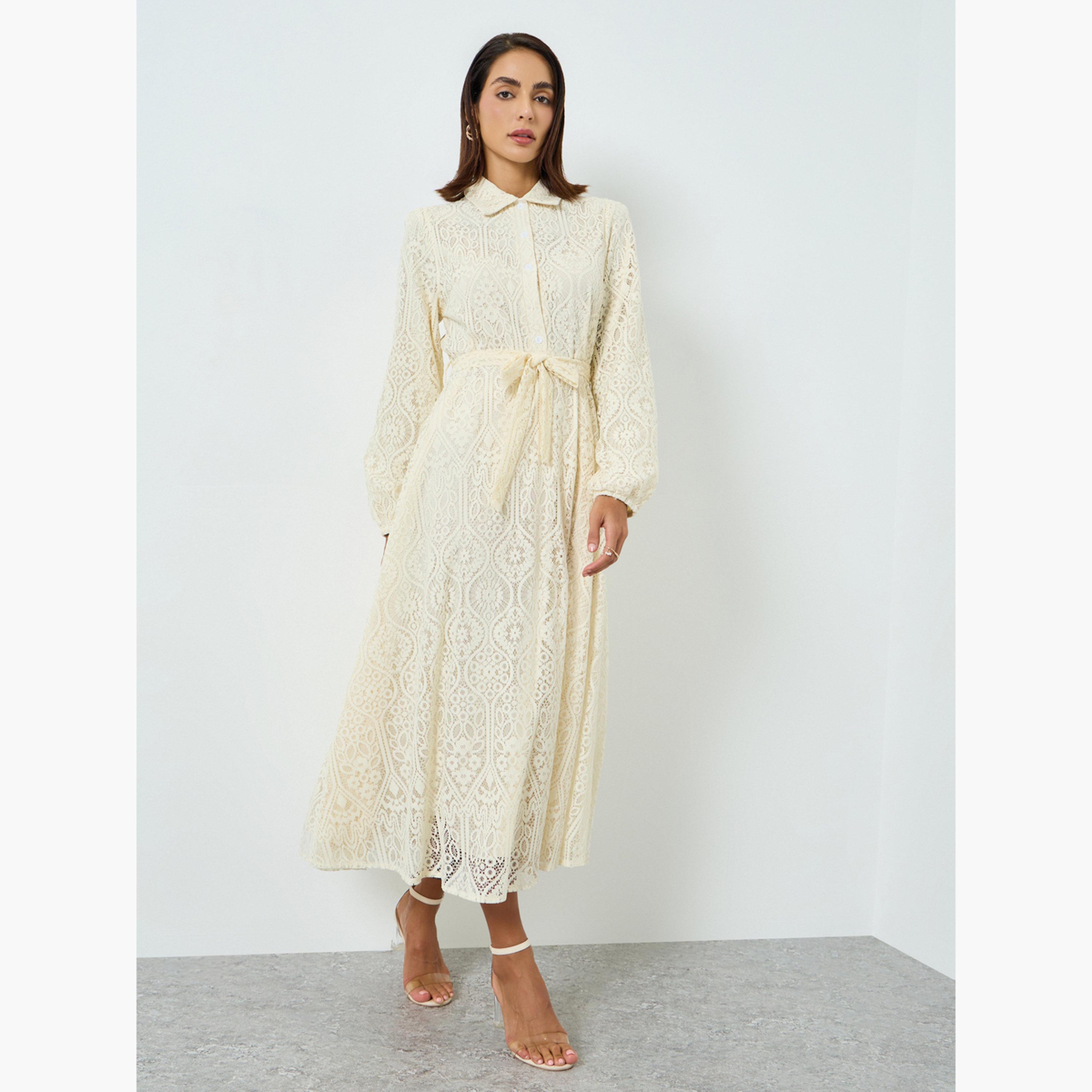 فستان طويل دانتيل بياقة بولو بيج-women-clothing-dresses-image-3