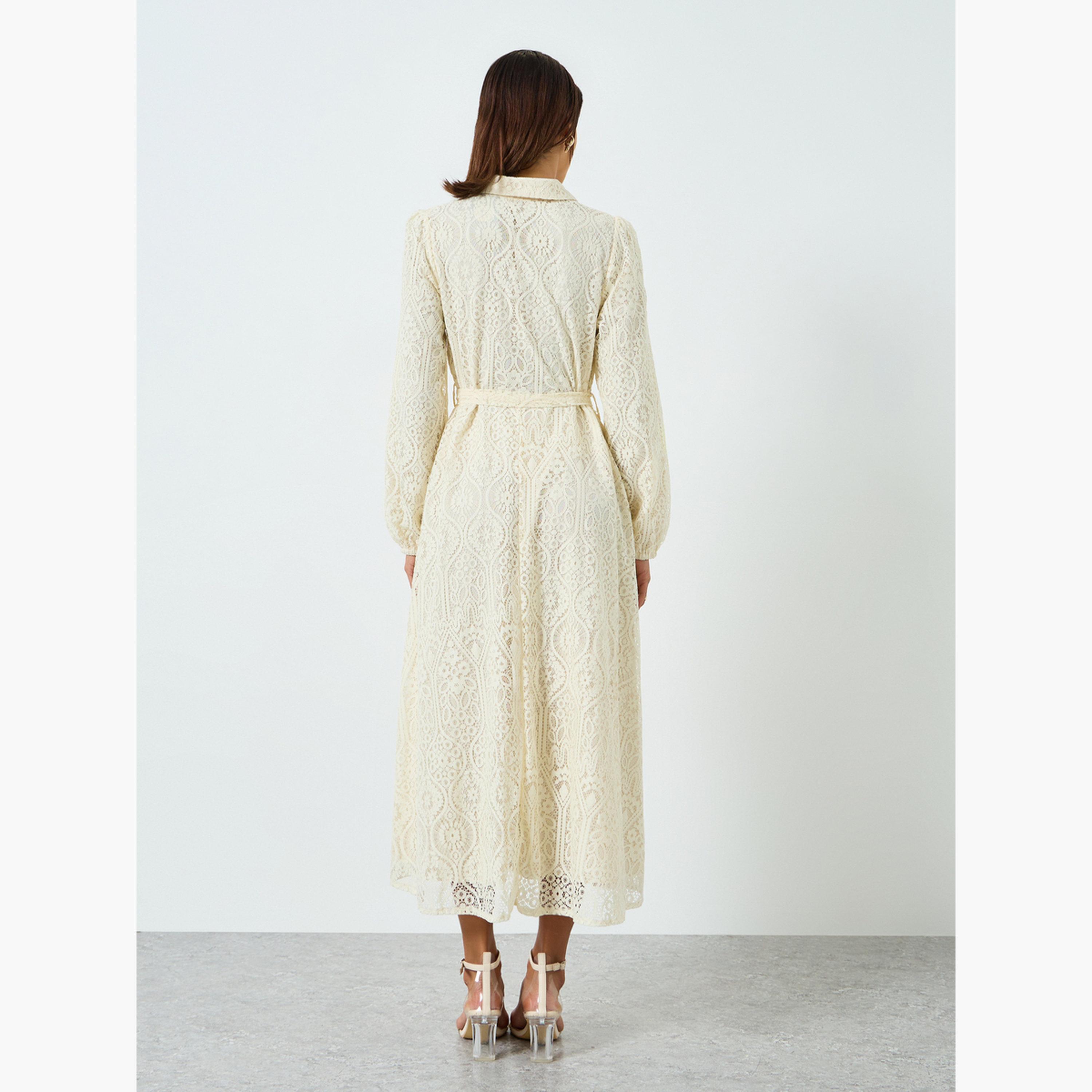 فستان طويل دانتيل بياقة بولو بيج-women-clothing-dresses-image-4