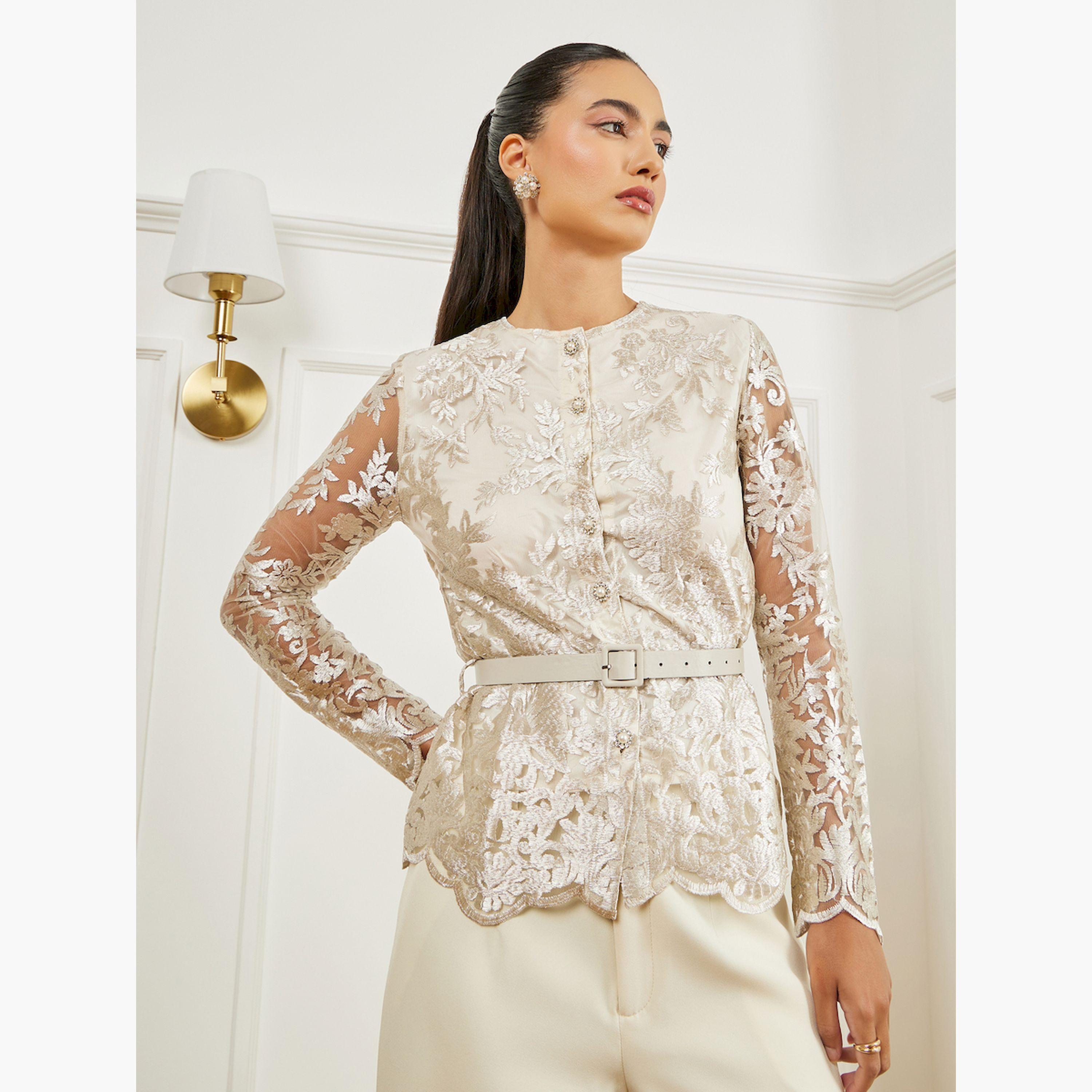 Styli Off-White Lace Long Sleeves Peplum Top-women-clothing-shirtsandblouses-blouses-image-3