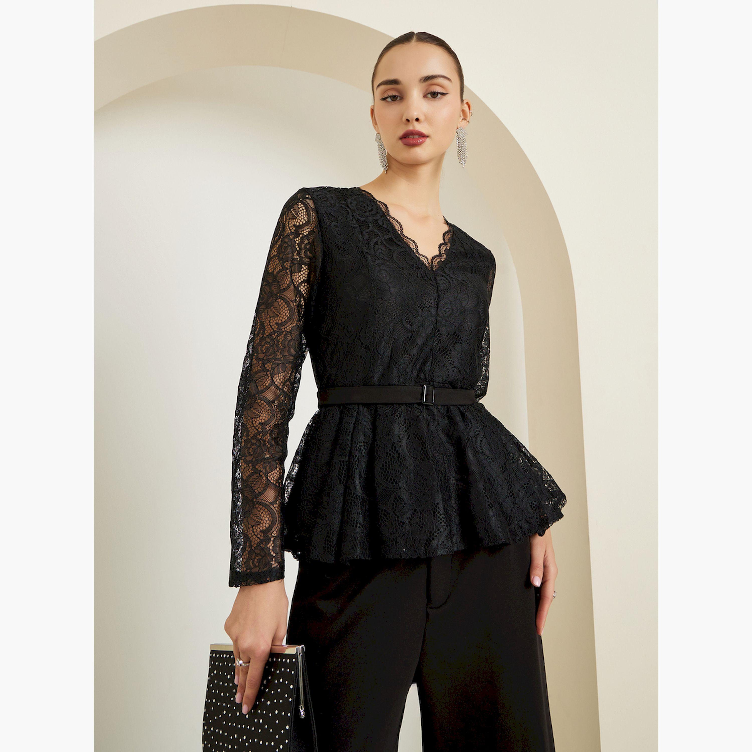 Styli Black Scallop Neckline Lace Peplum Top-women-clothing-shirtsandblouses-blouses-image-1