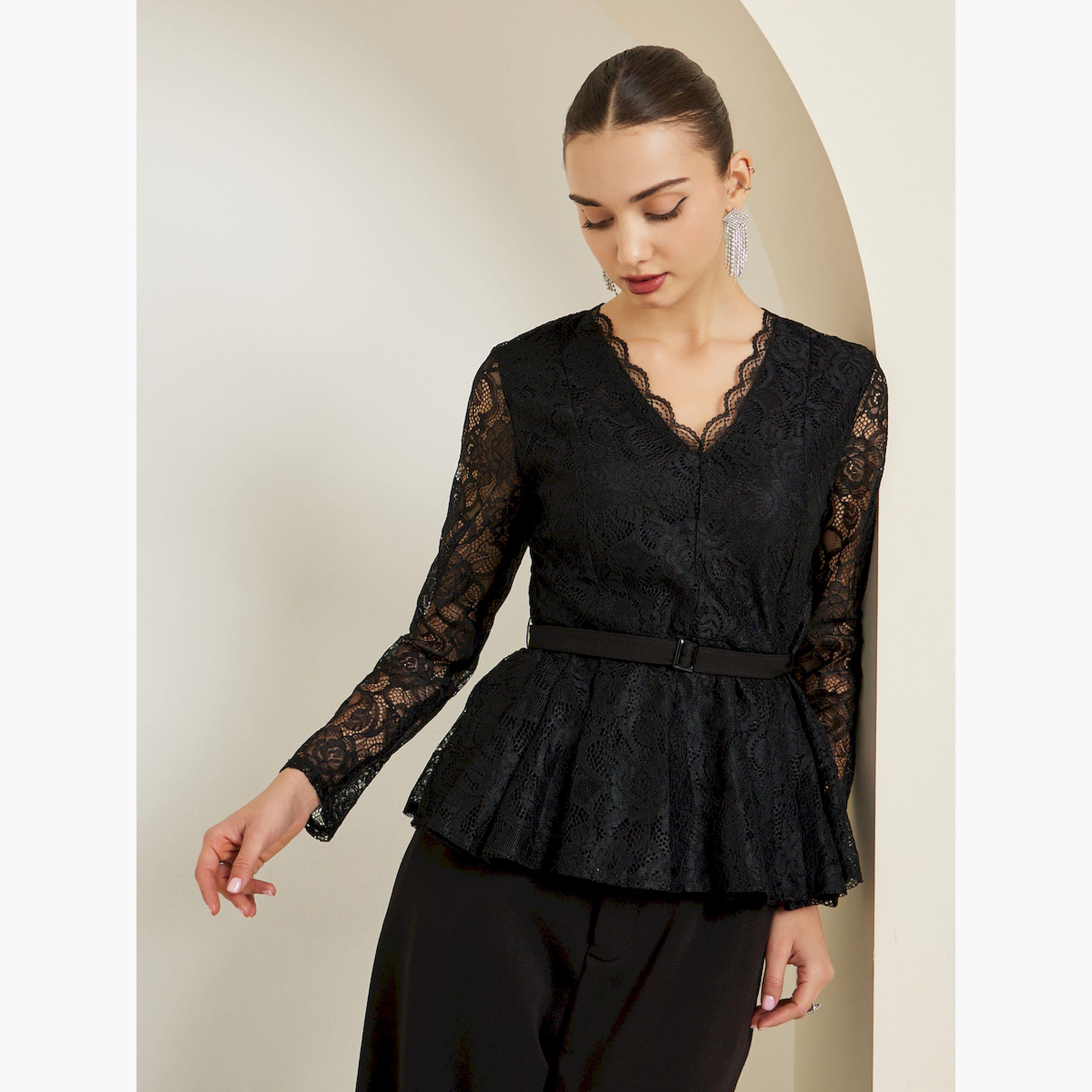 Styli Black Scallop Neckline Lace Peplum Top-women-clothing-shirtsandblouses-blouses-image-3