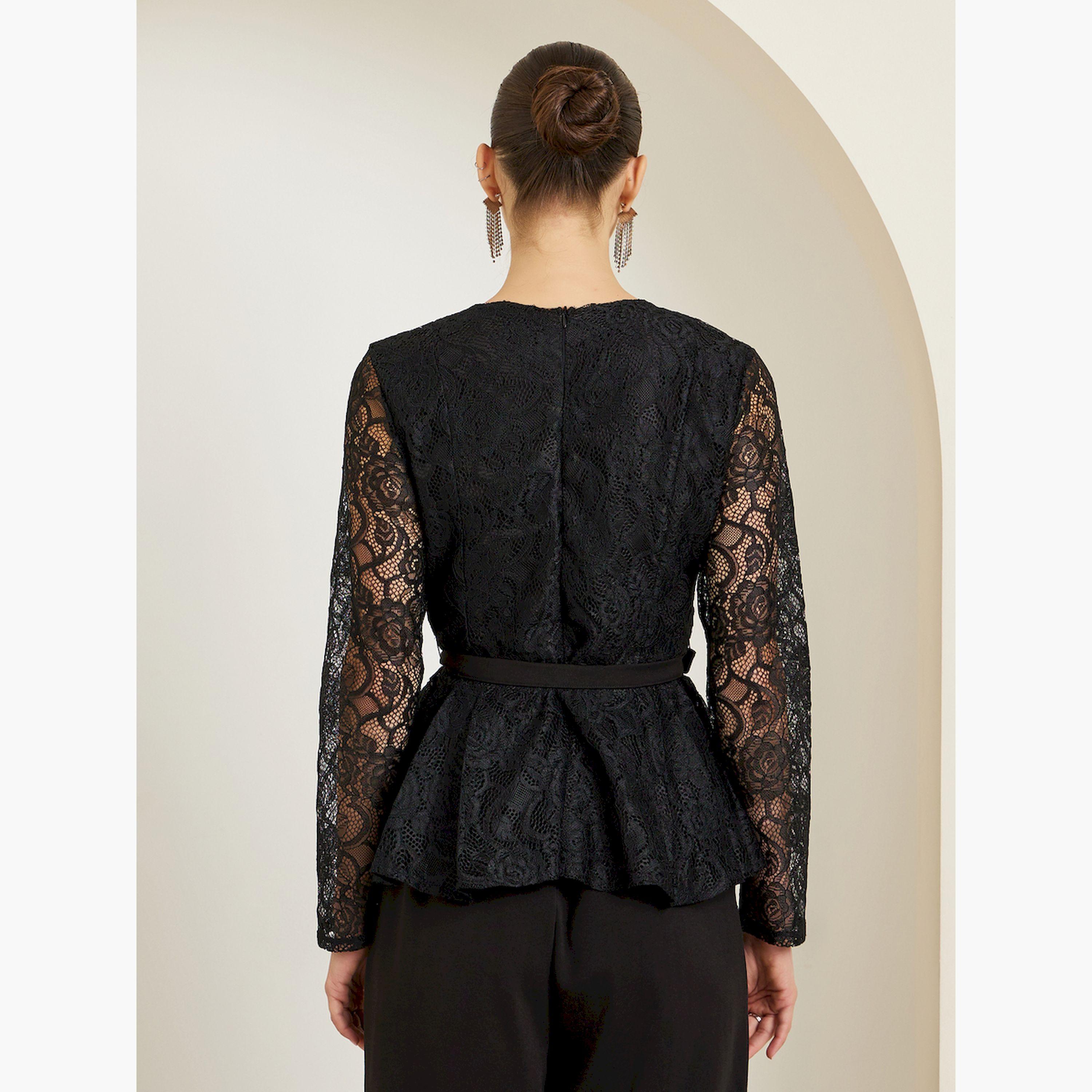 Styli Black Scallop Neckline Lace Peplum Top-women-clothing-shirtsandblouses-blouses-image-4