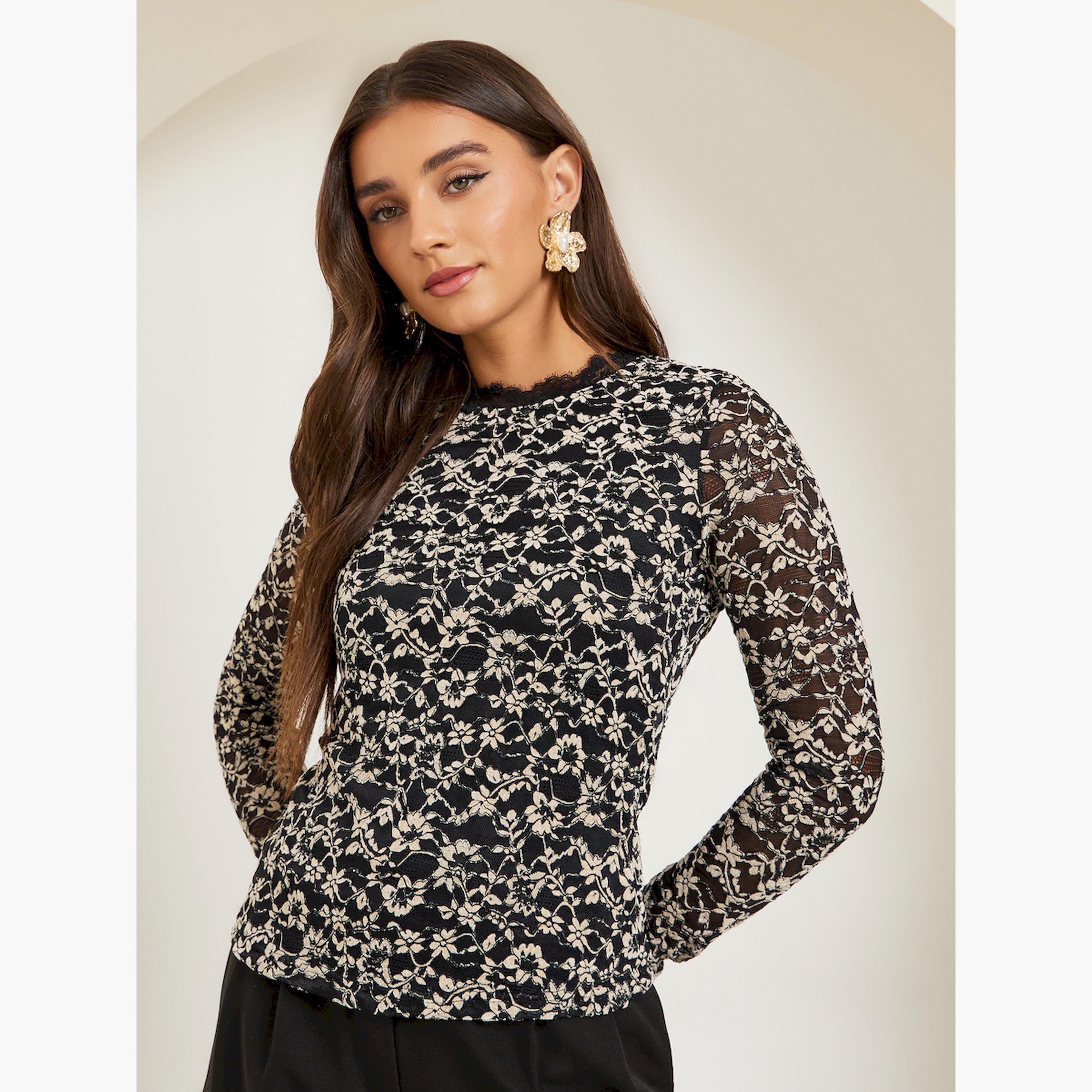 Styli Black Lace Long Sleeve Blouse-women-clothing-shirtsandblouses-blouses-image-3