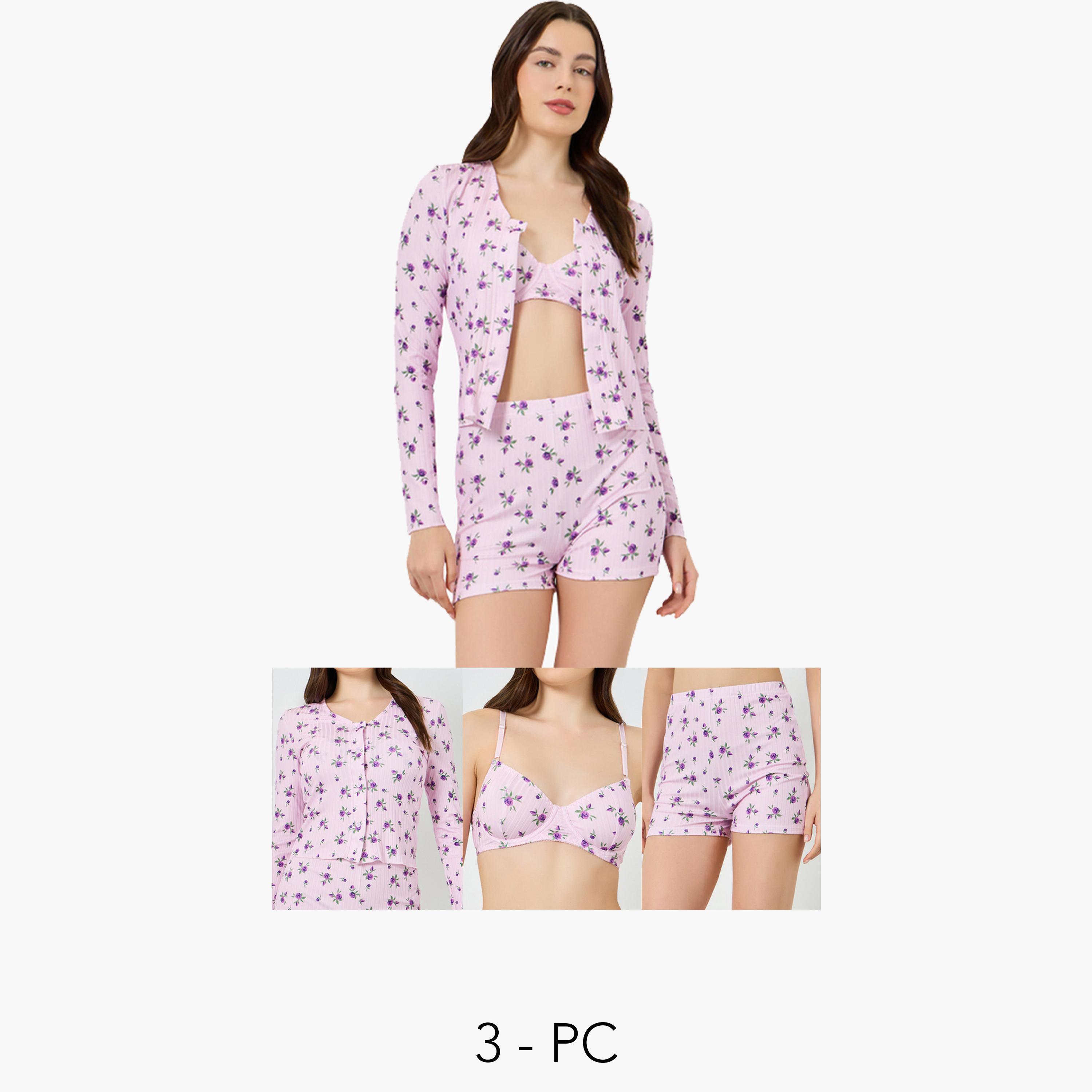 عبوة من 3 قطع طقم حمالة صدر غير مبطنة وشورت وكارديغان بطبعة زهور-women-clothing-lingerie-lingeriesets-image-1