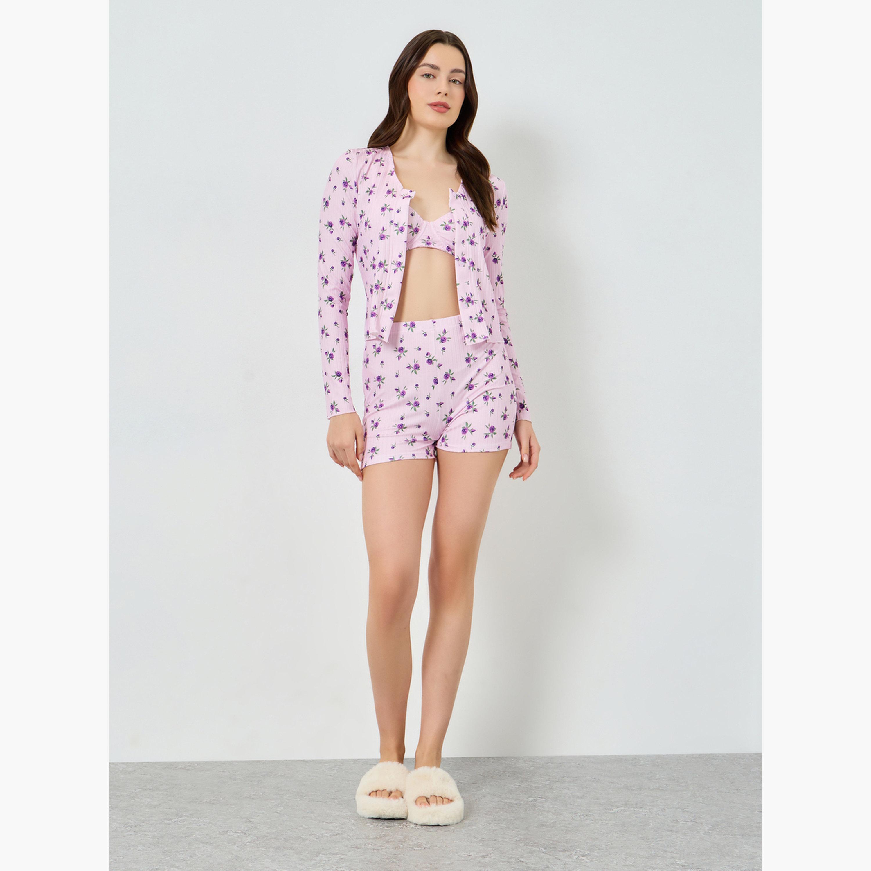 عبوة من 3 قطع طقم حمالة صدر غير مبطنة وشورت وكارديغان بطبعة زهور-women-clothing-lingerie-lingeriesets-image-2