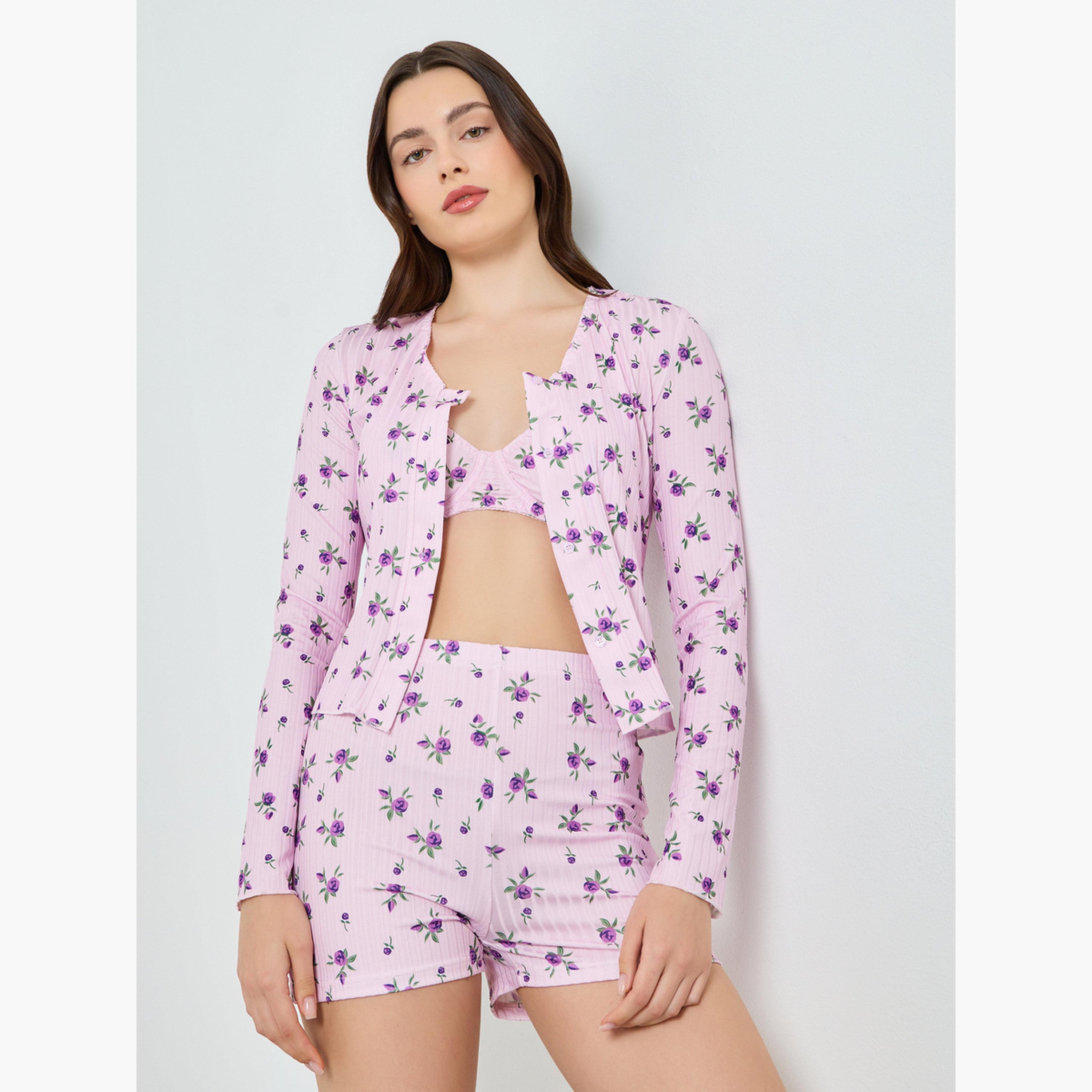 عبوة من 3 قطع طقم حمالة صدر غير مبطنة وشورت وكارديغان بطبعة زهور-women-clothing-lingerie-lingeriesets-image-3