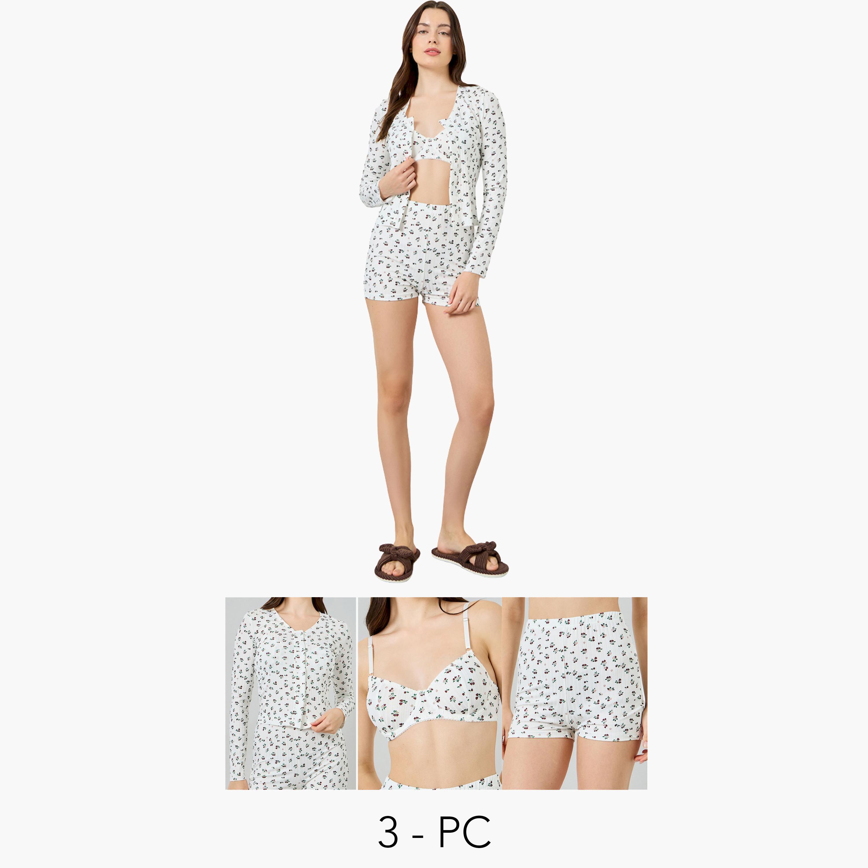عبوة من 3 قطع طقم حمالة صدر غير مبطنة وشورت وكارديغان بطبعة زهور-women-clothing-lingerie-lingeriesets-image-1