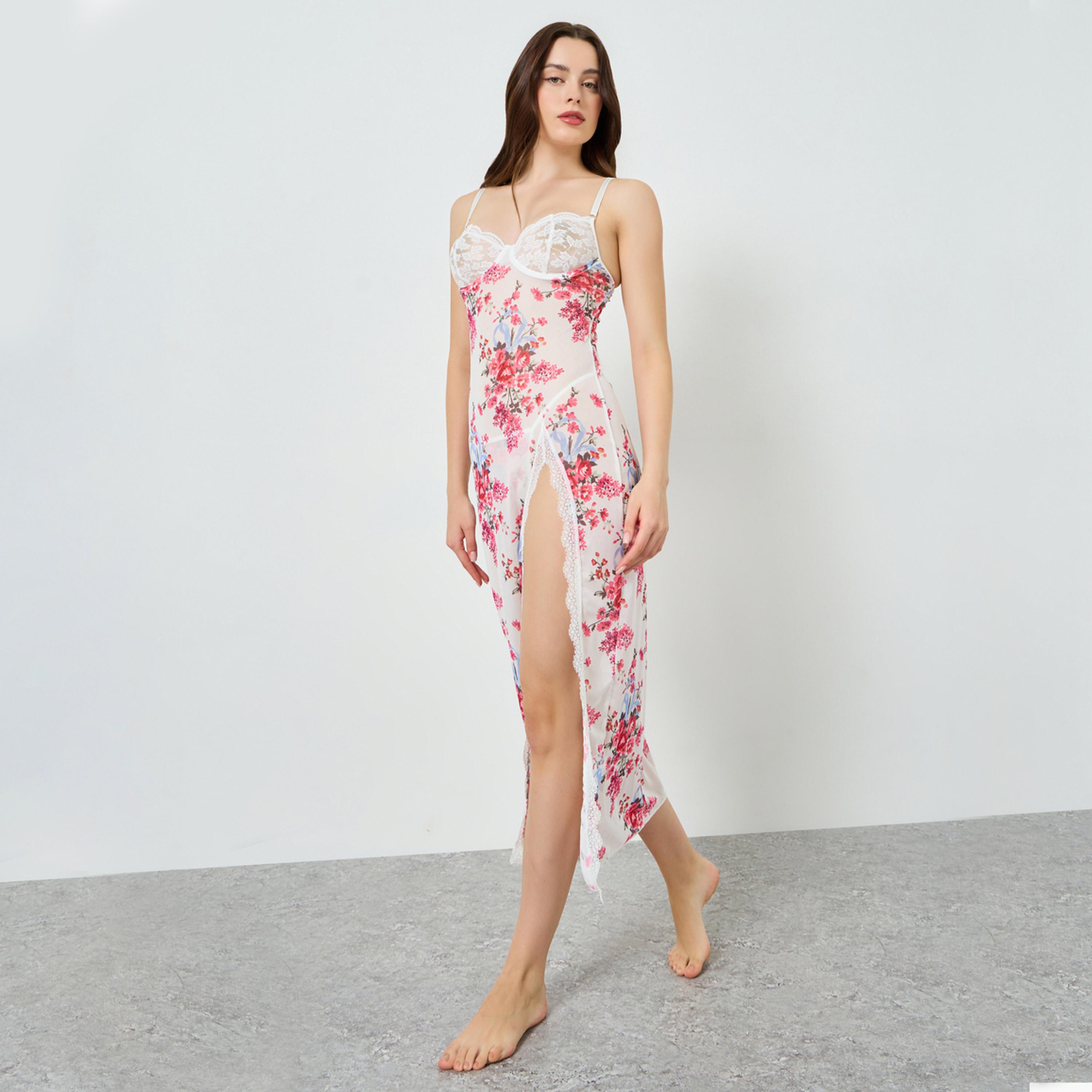 قميص نوم دانتيل بنقشة زهور مع سروال داخلي-women-clothing-lingerie-lingeriesets-image-1