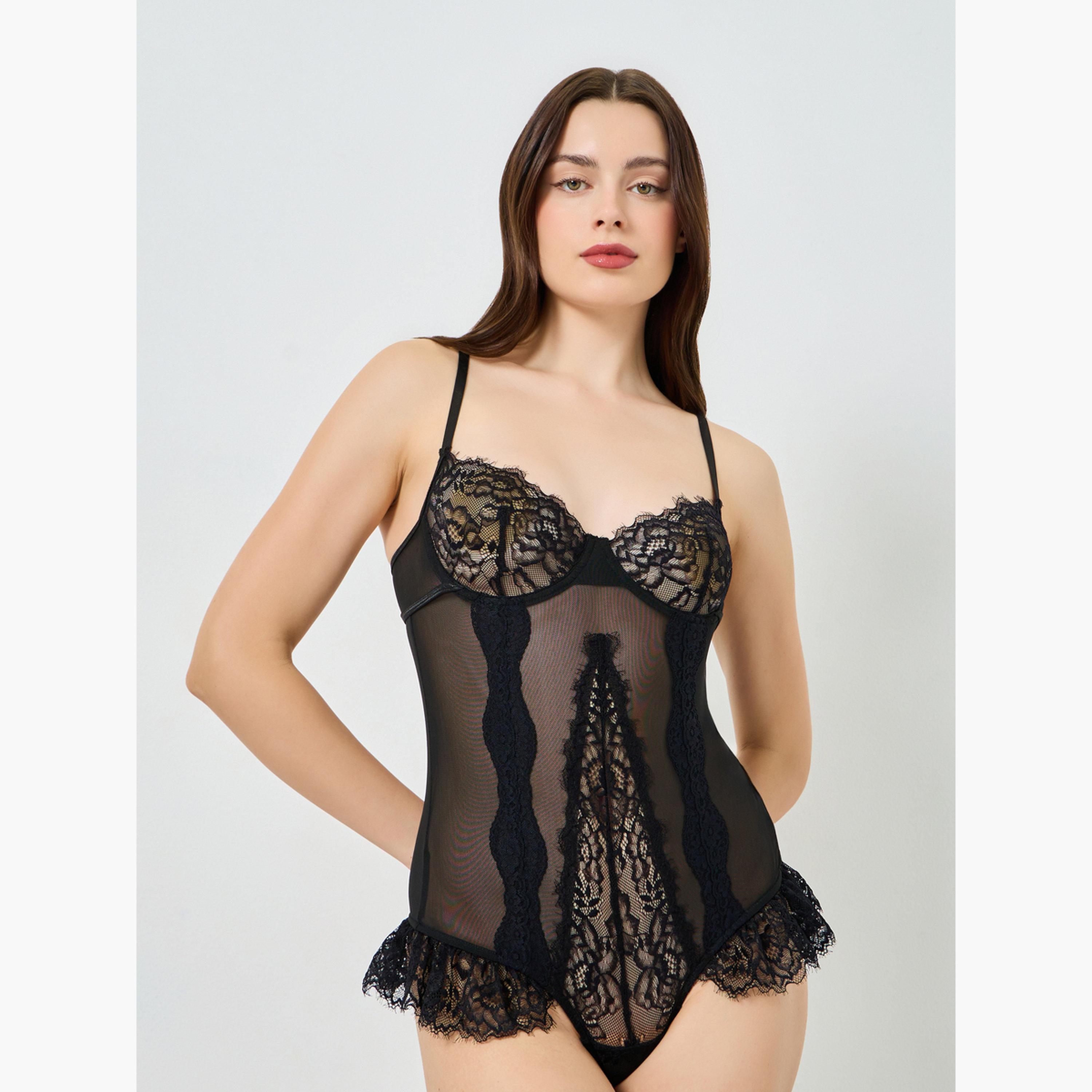 Styli Women Black Embroidered Lace Bodysuit-women-clothing-lingerie-babydollsandbodysuits-image-1