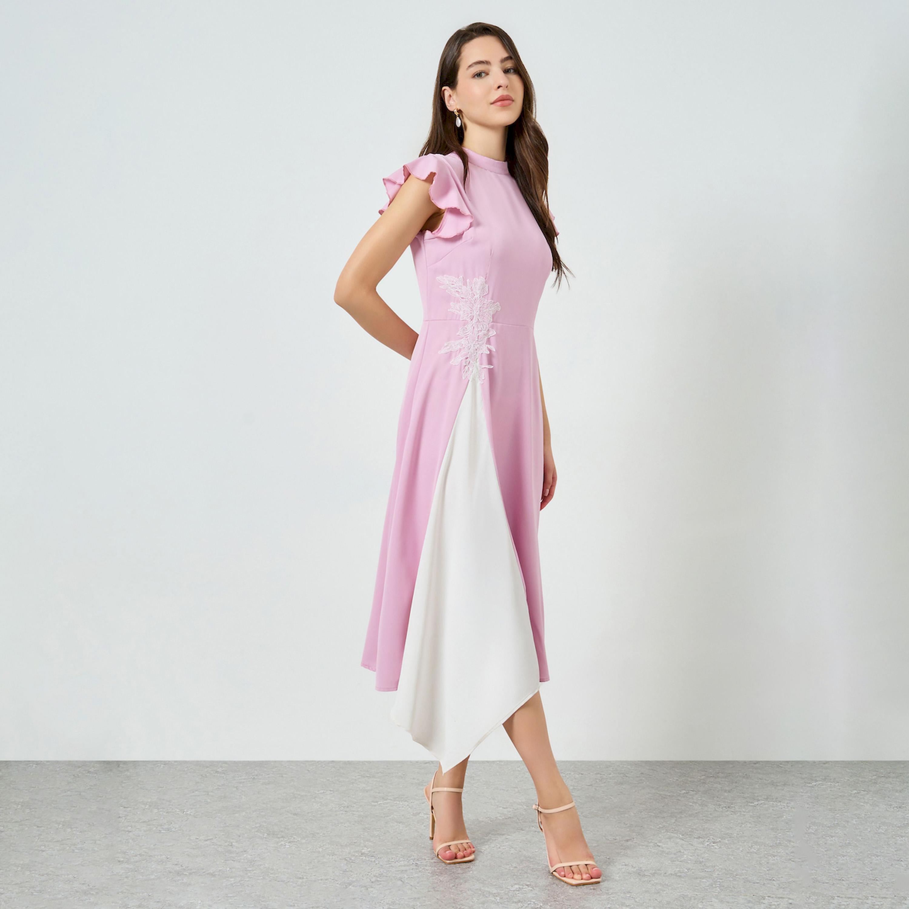 Styli Lilac Contrast Draped Midi Evening Dress-women-clothing-dresses-image-1