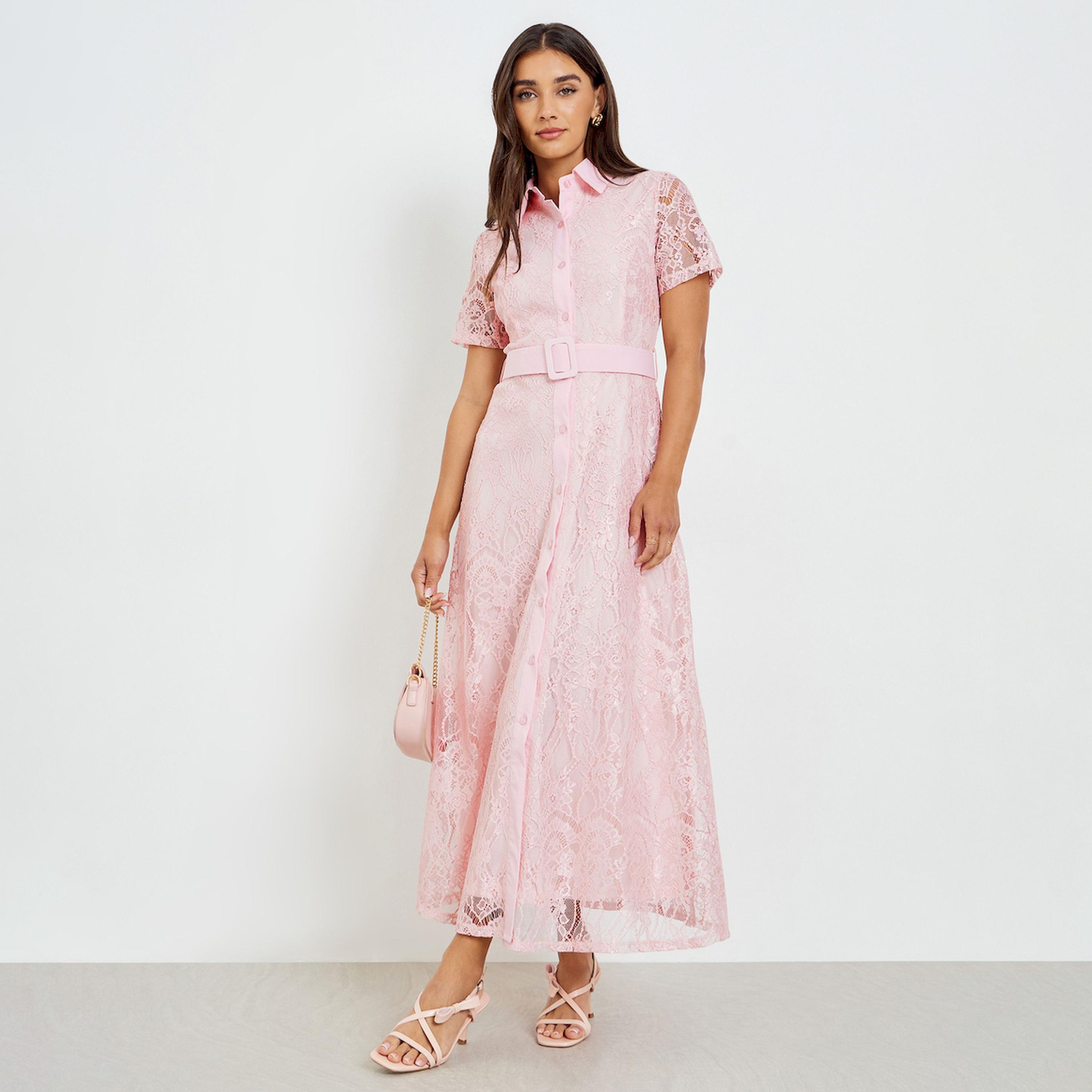 Styli Pink Lace Belted Shirt Maxi Dress-women-clothing-dresses-image-1
