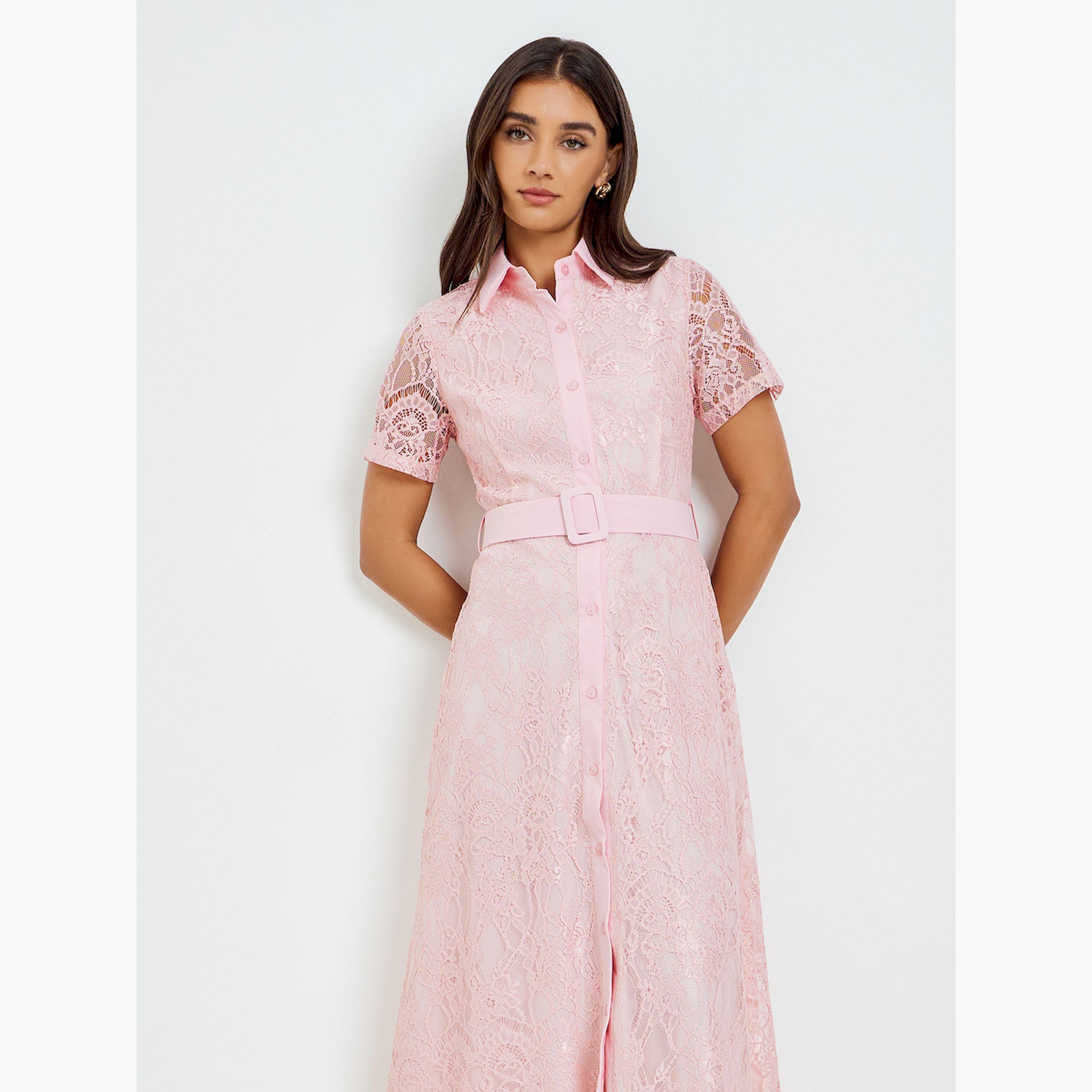 Styli Pink Lace Belted Shirt Maxi Dress-women-clothing-dresses-image-2