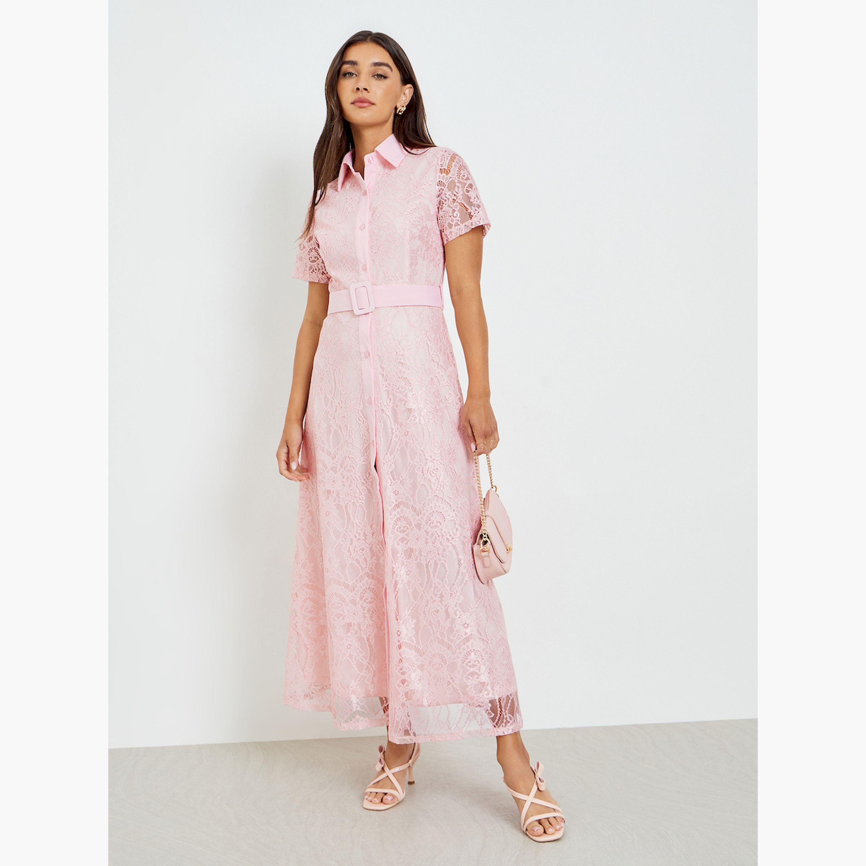 Styli Pink Lace Belted Shirt Maxi Dress-women-clothing-dresses-image-3