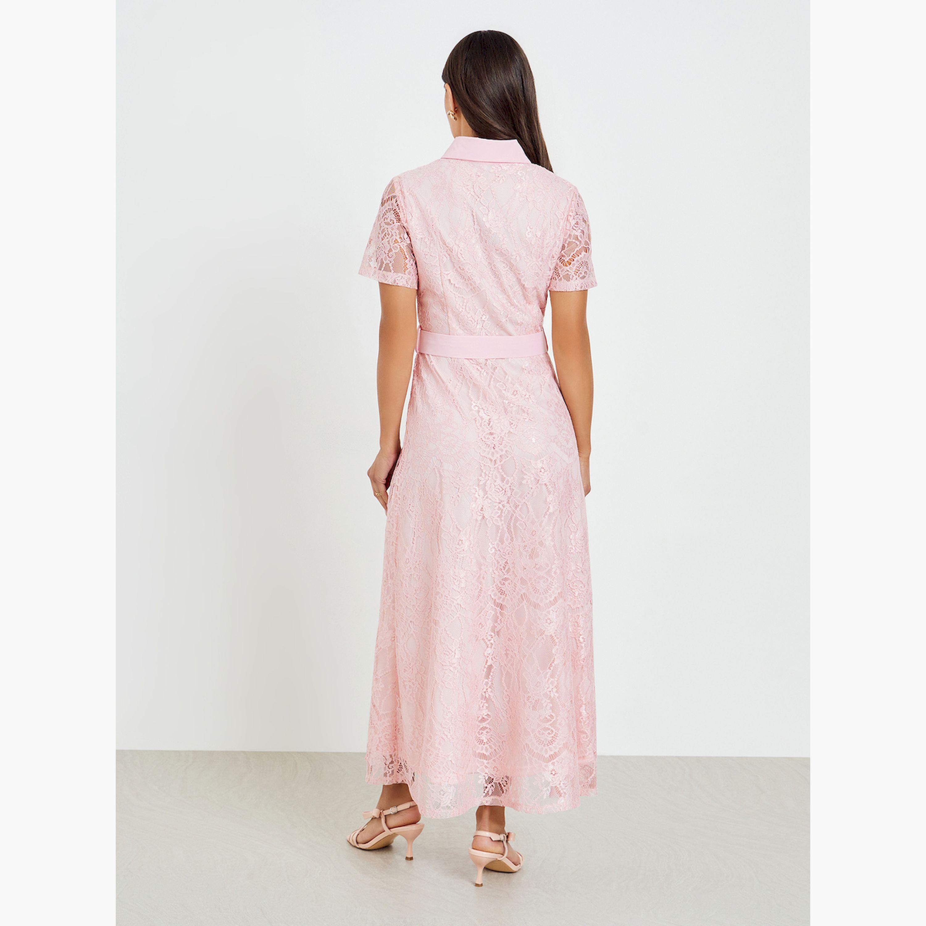 Styli Pink Lace Belted Shirt Maxi Dress-women-clothing-dresses-image-4