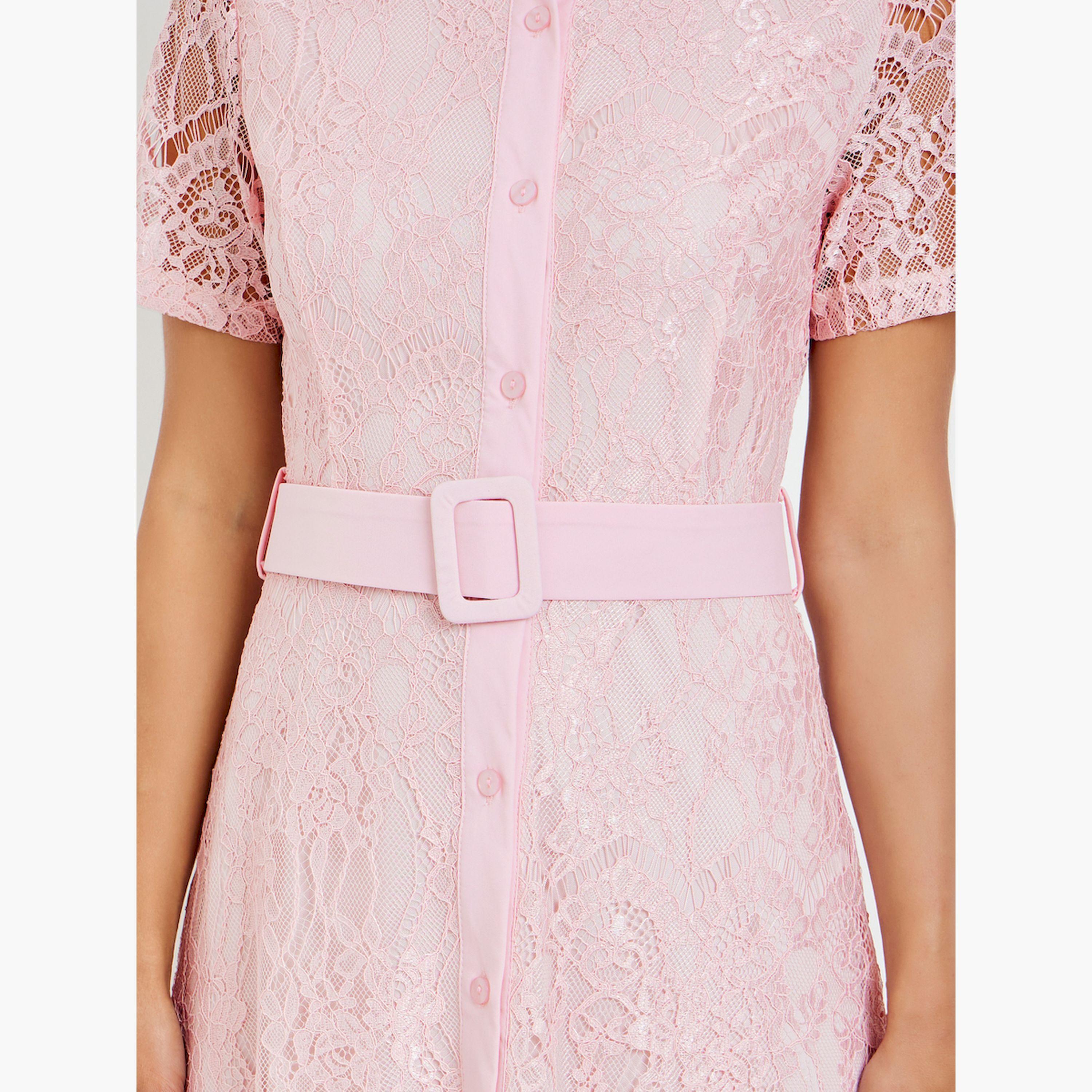 Styli Pink Lace Belted Shirt Maxi Dress-women-clothing-dresses-image-5