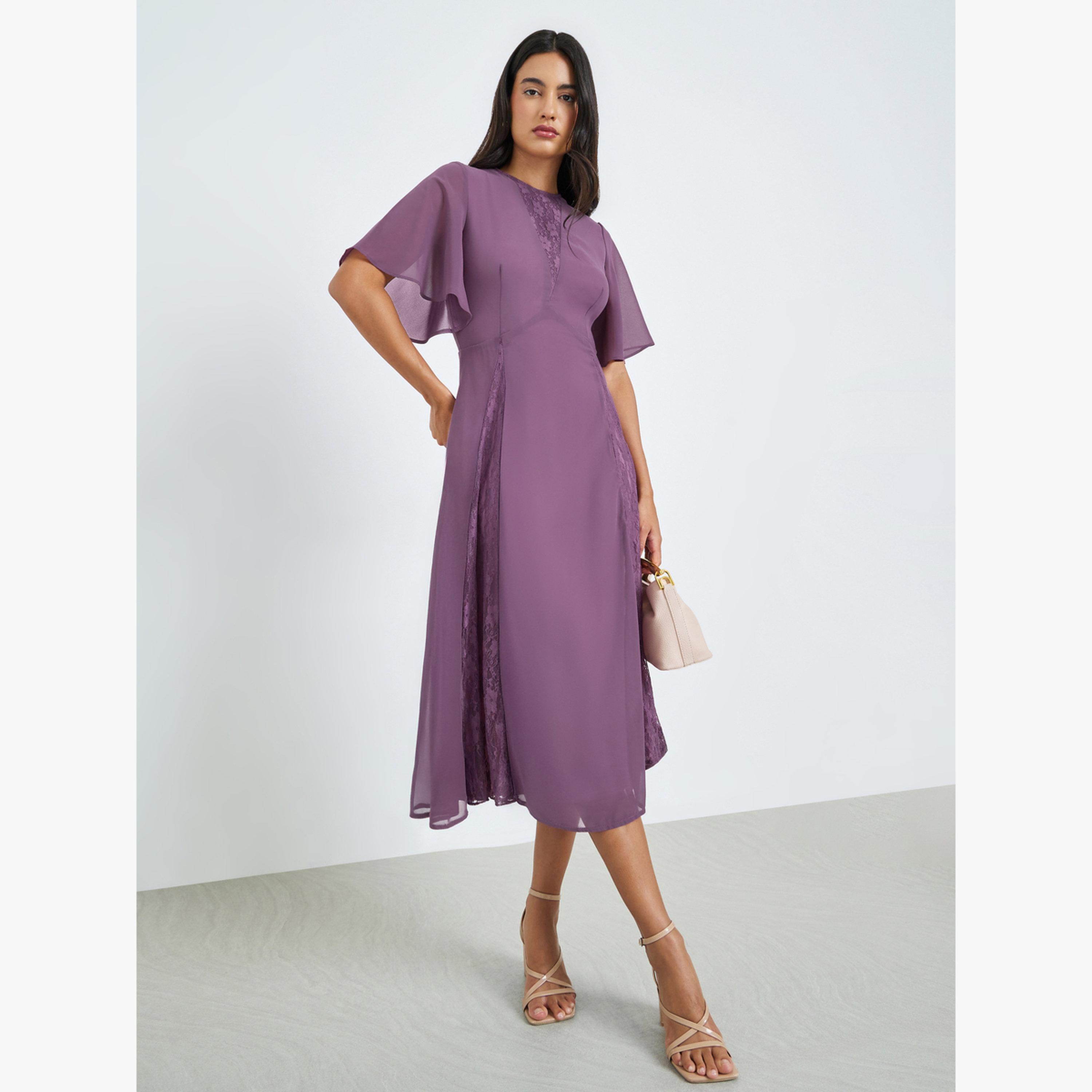 فستان ميدي بحافة واسعة وأكمام قصيرة وتفاصيل دانتيل-women-clothing-dresses-image-1
