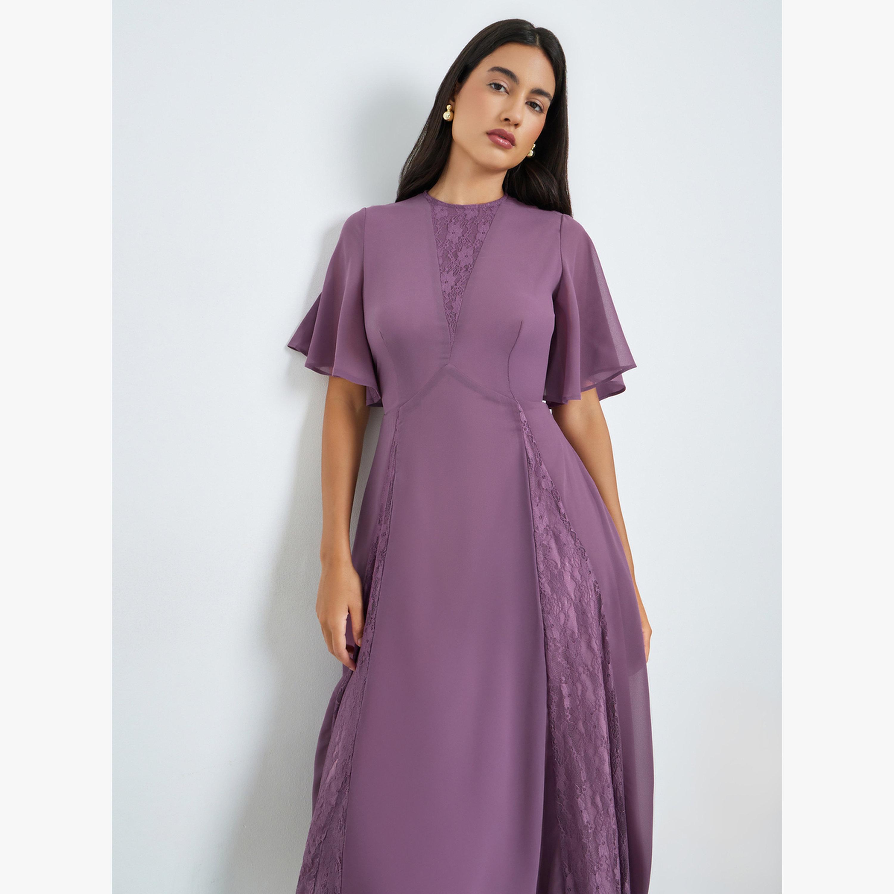 فستان ميدي بحافة واسعة وأكمام قصيرة وتفاصيل دانتيل-women-clothing-dresses-image-2