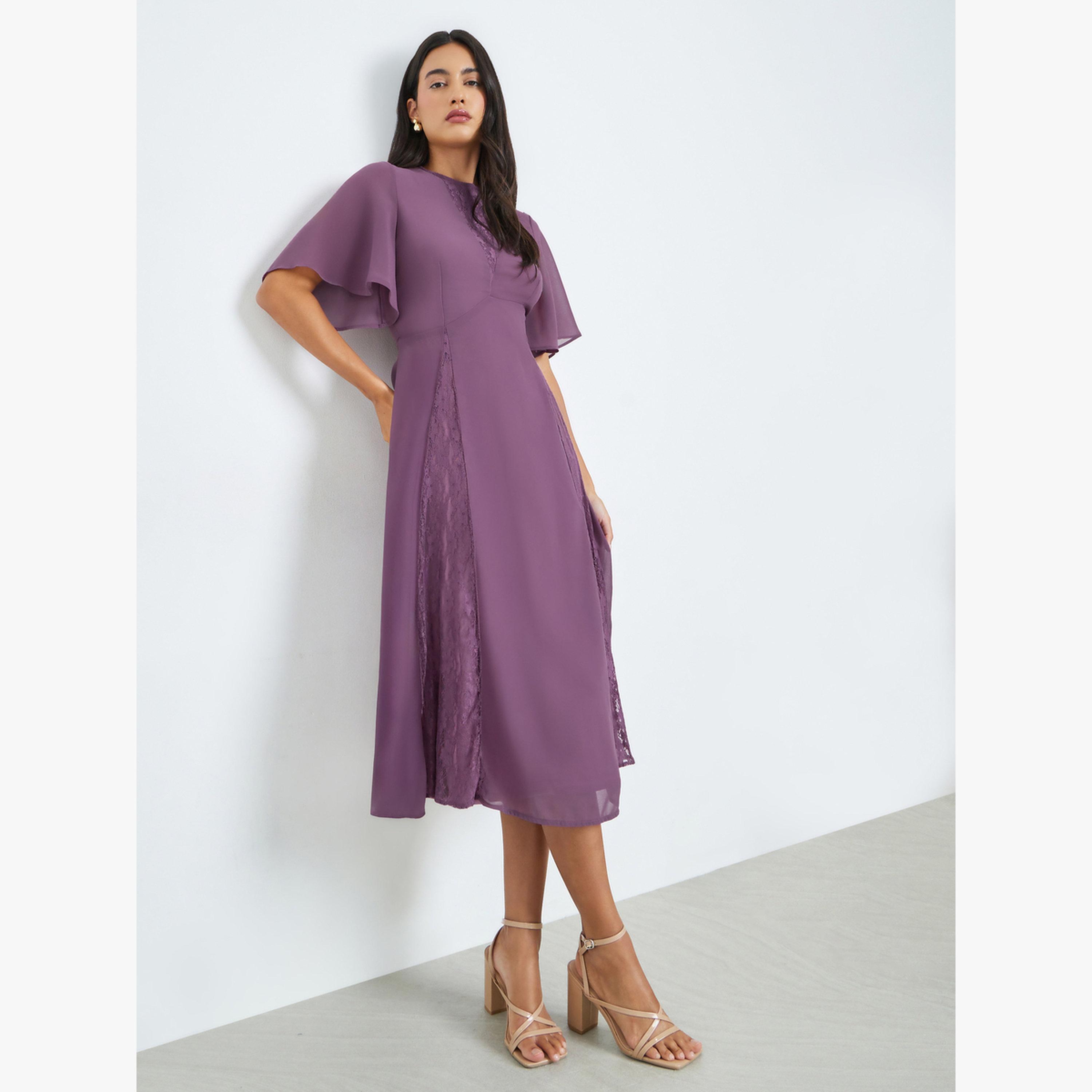 فستان ميدي بحافة واسعة وأكمام قصيرة وتفاصيل دانتيل-women-clothing-dresses-image-3